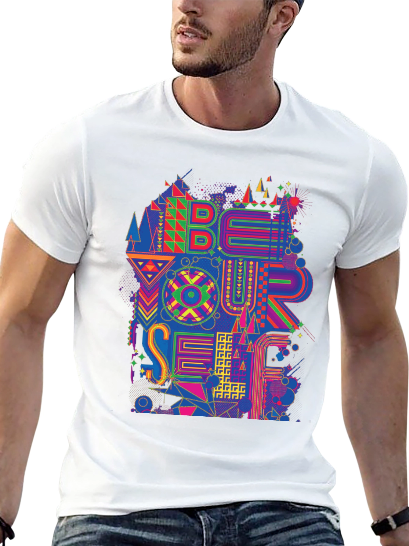 Abstract Geometric Be Yourself Graphic Tee - Black