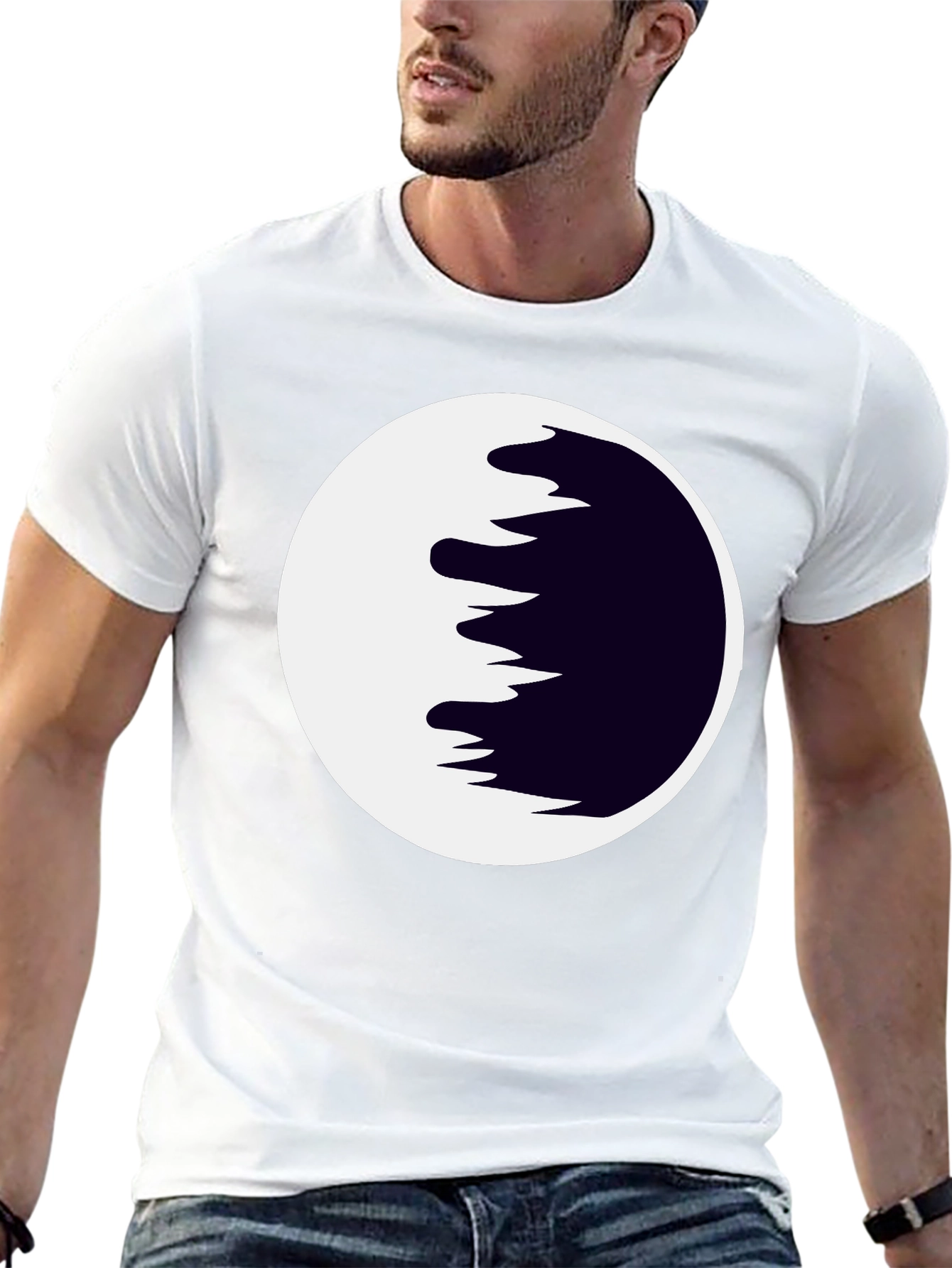 Abstract Moon Graphic Tee - Black Cotton Casual Shirt