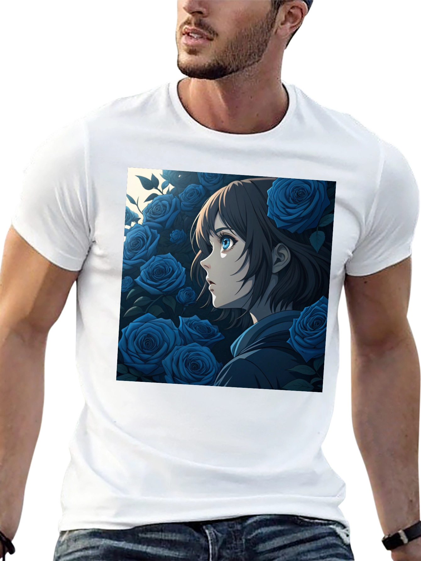 Anime Girl Blue Roses Graphic Black T-Shirt