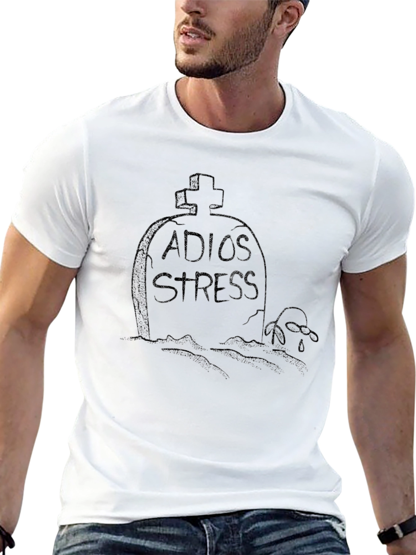 Adios Stress Black T-Shirt with Tombstone Design