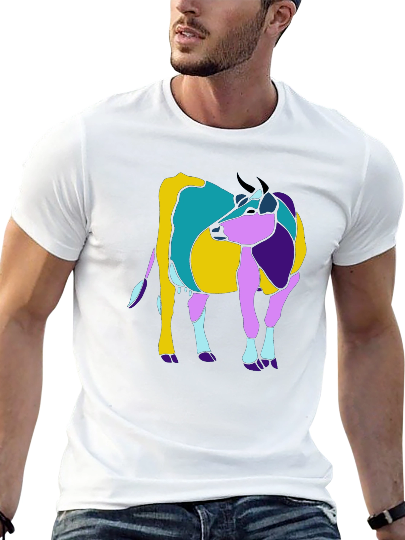 Abstract Cow Graphic Tee - Black Cotton Casual T-Shirt