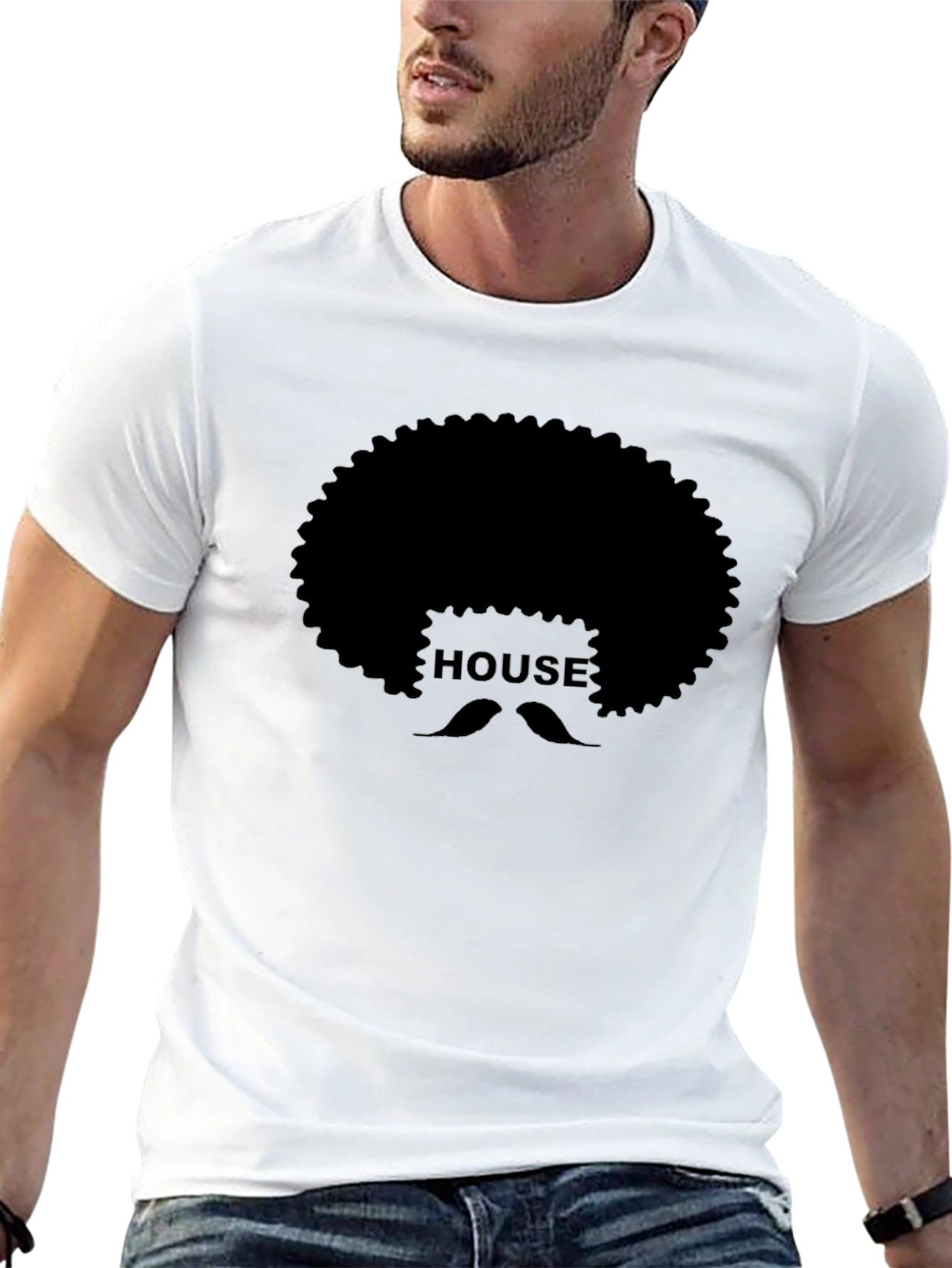 House Afro Mustache Graphic Tee - Black Cotton T-Shirt