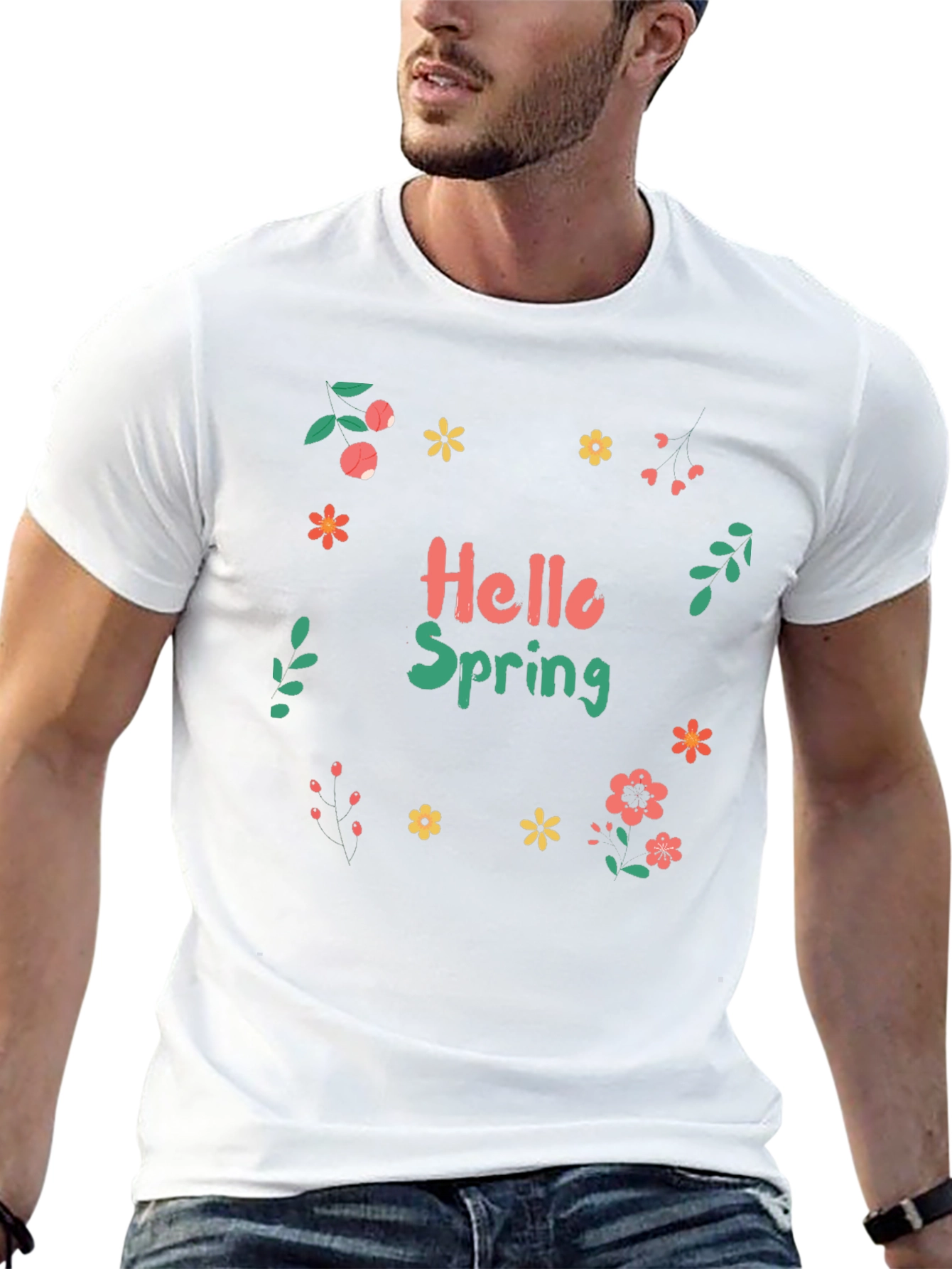 Hello Spring Black T-Shirt with Floral Design