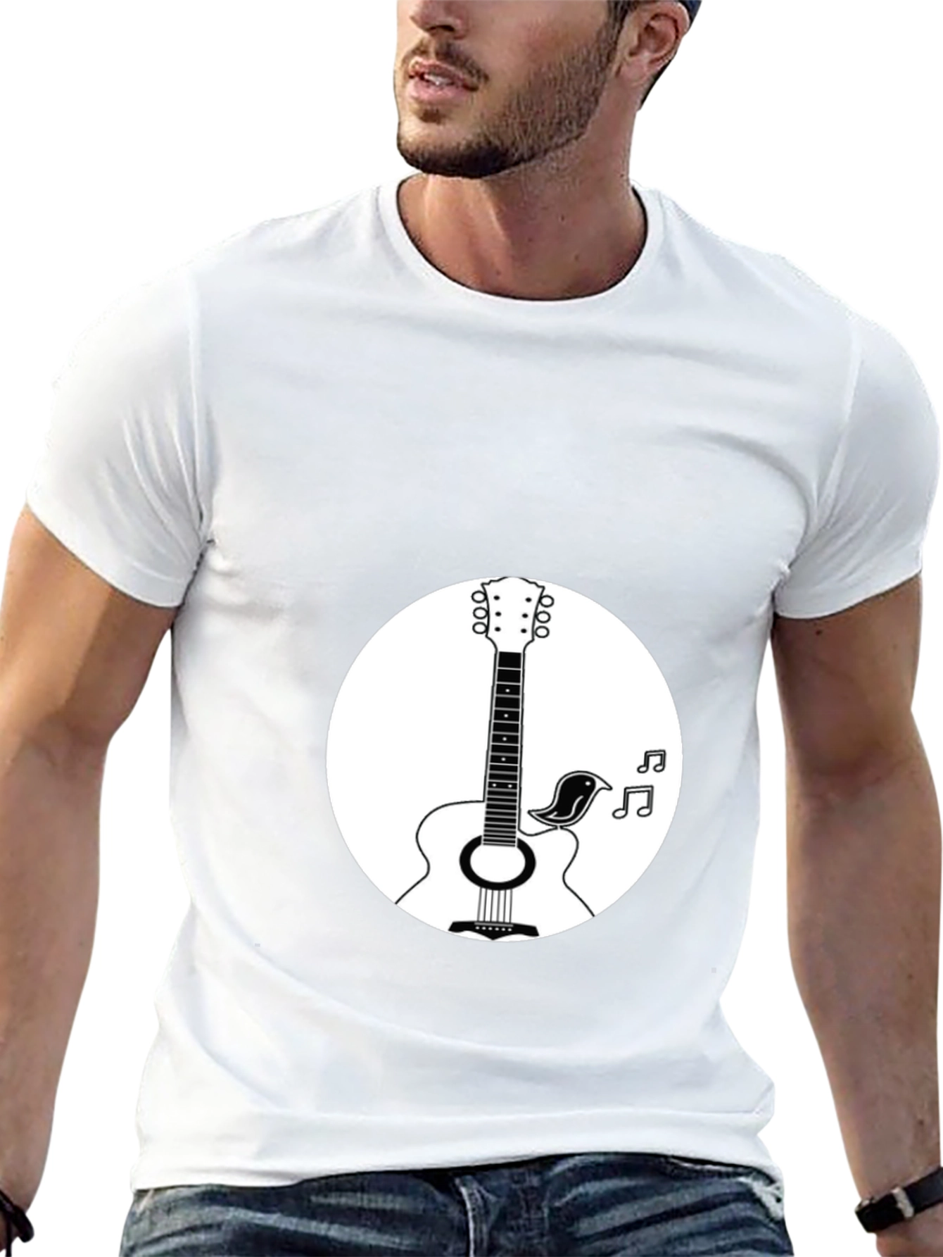 Acoustic Guitar & Bird Graphic T-Shirt