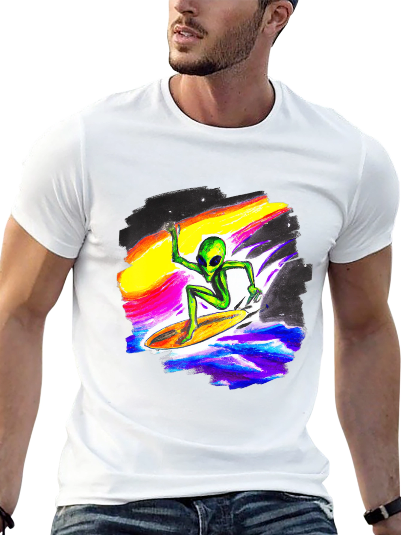 Alien Surfing T-Shirt - Black Crew Neck Tee
