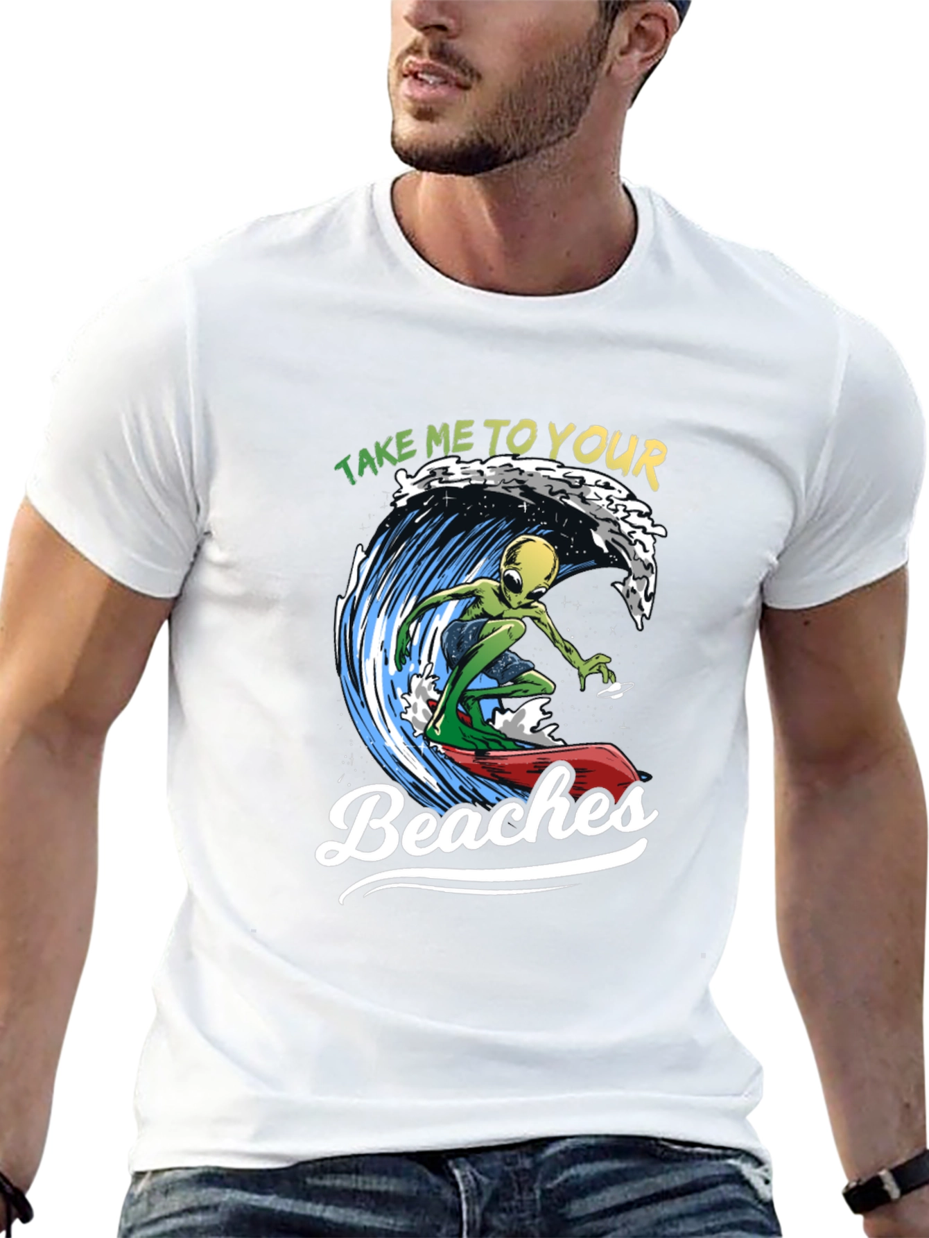 Alien Surfing T-Shirt - Take Me To Your Beaches