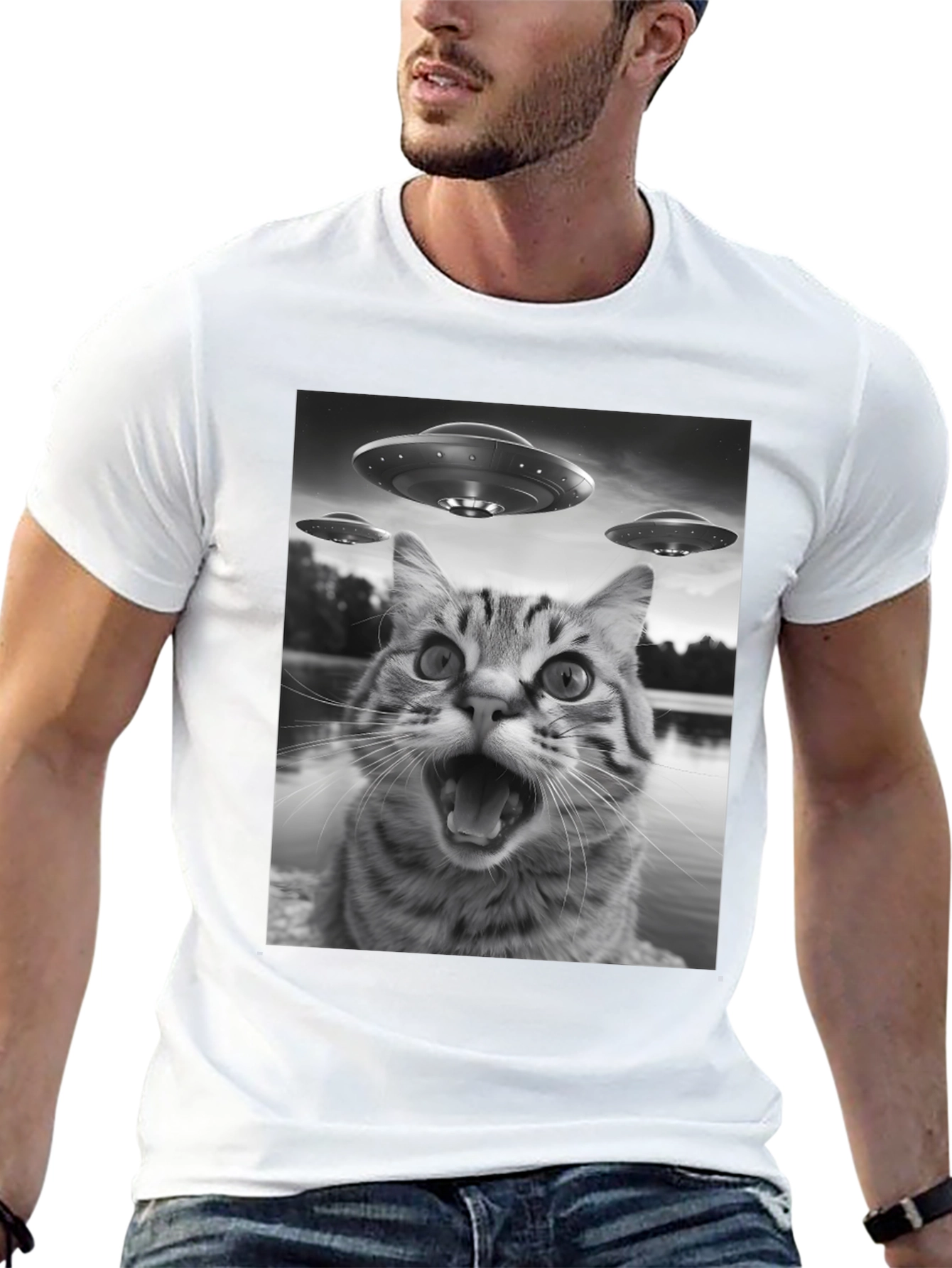 Alien Cat Abduction Black T-Shirt