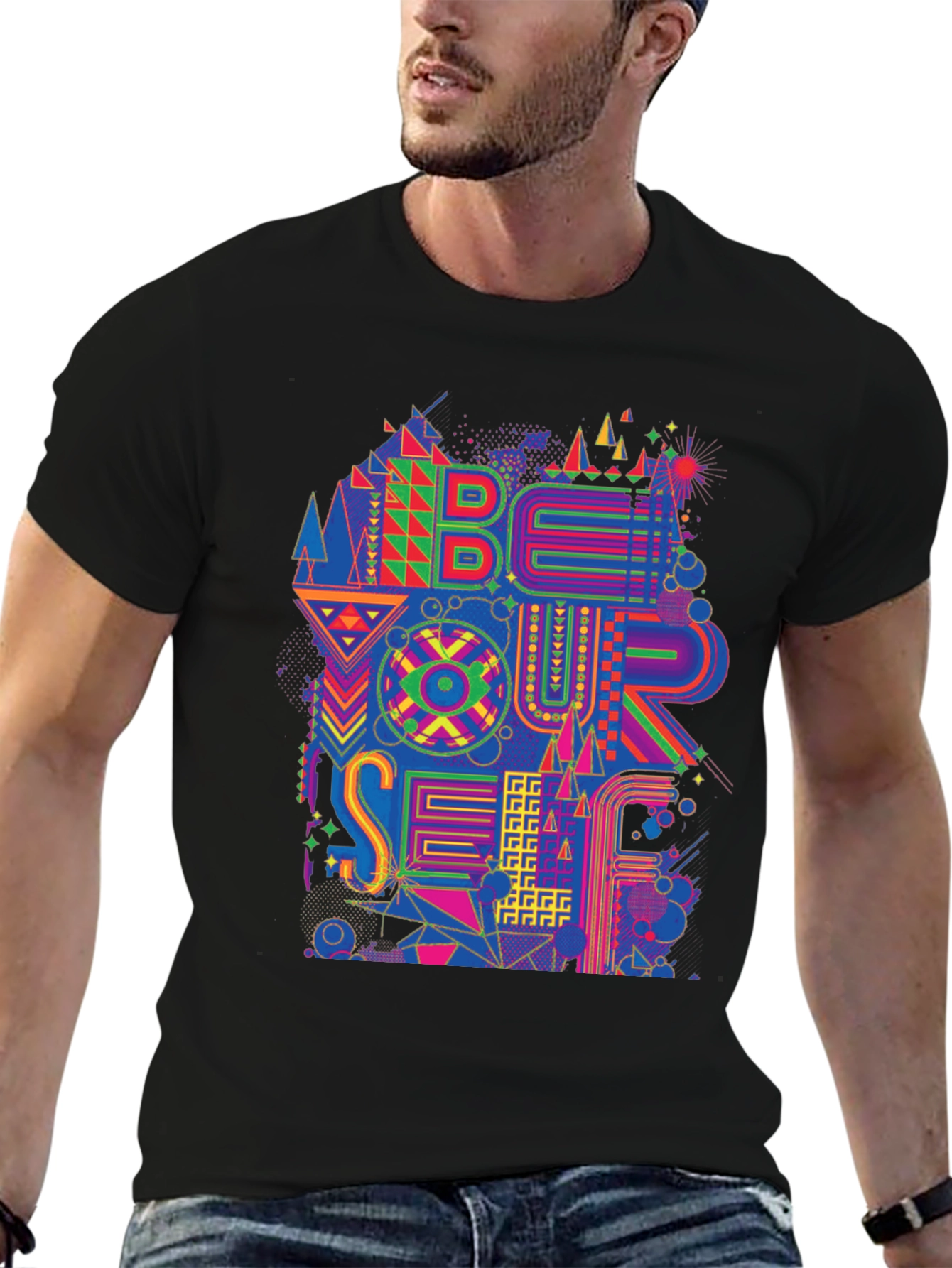Abstract Geometric Be Yourself Graphic Tee - Black