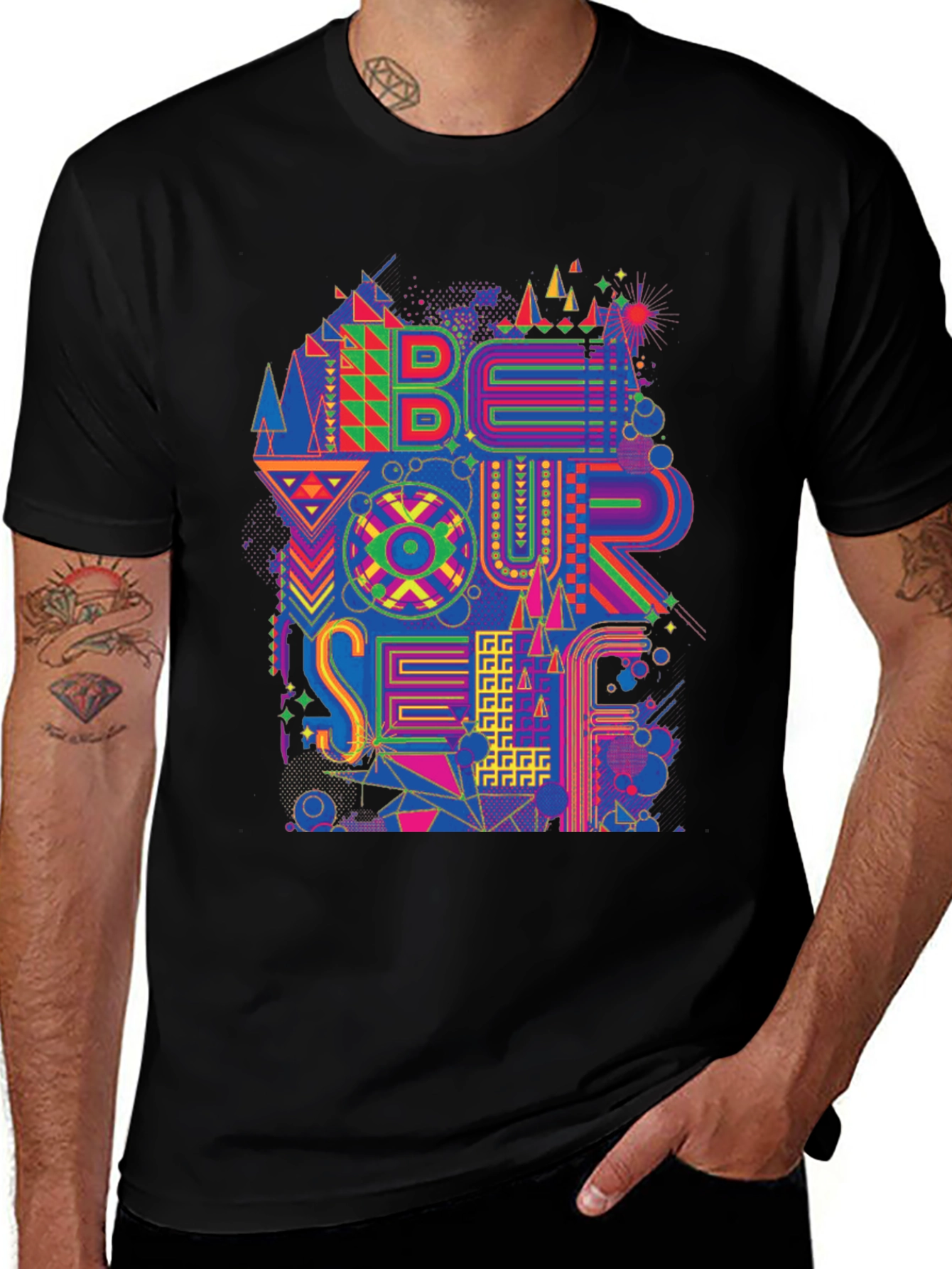 Abstract Geometric Be Yourself Graphic Tee - Black