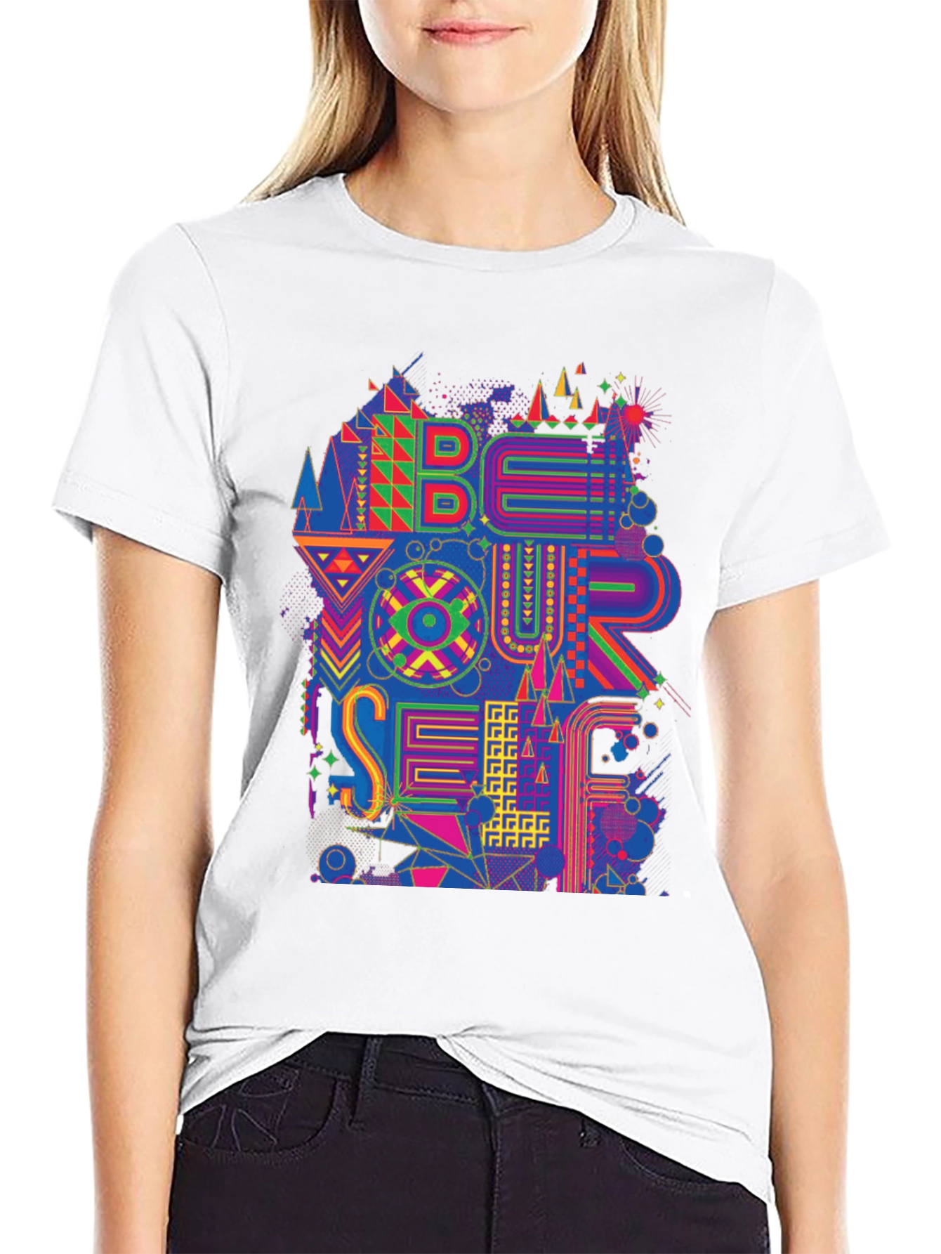 Abstract Geometric Be Yourself Graphic Tee - Black