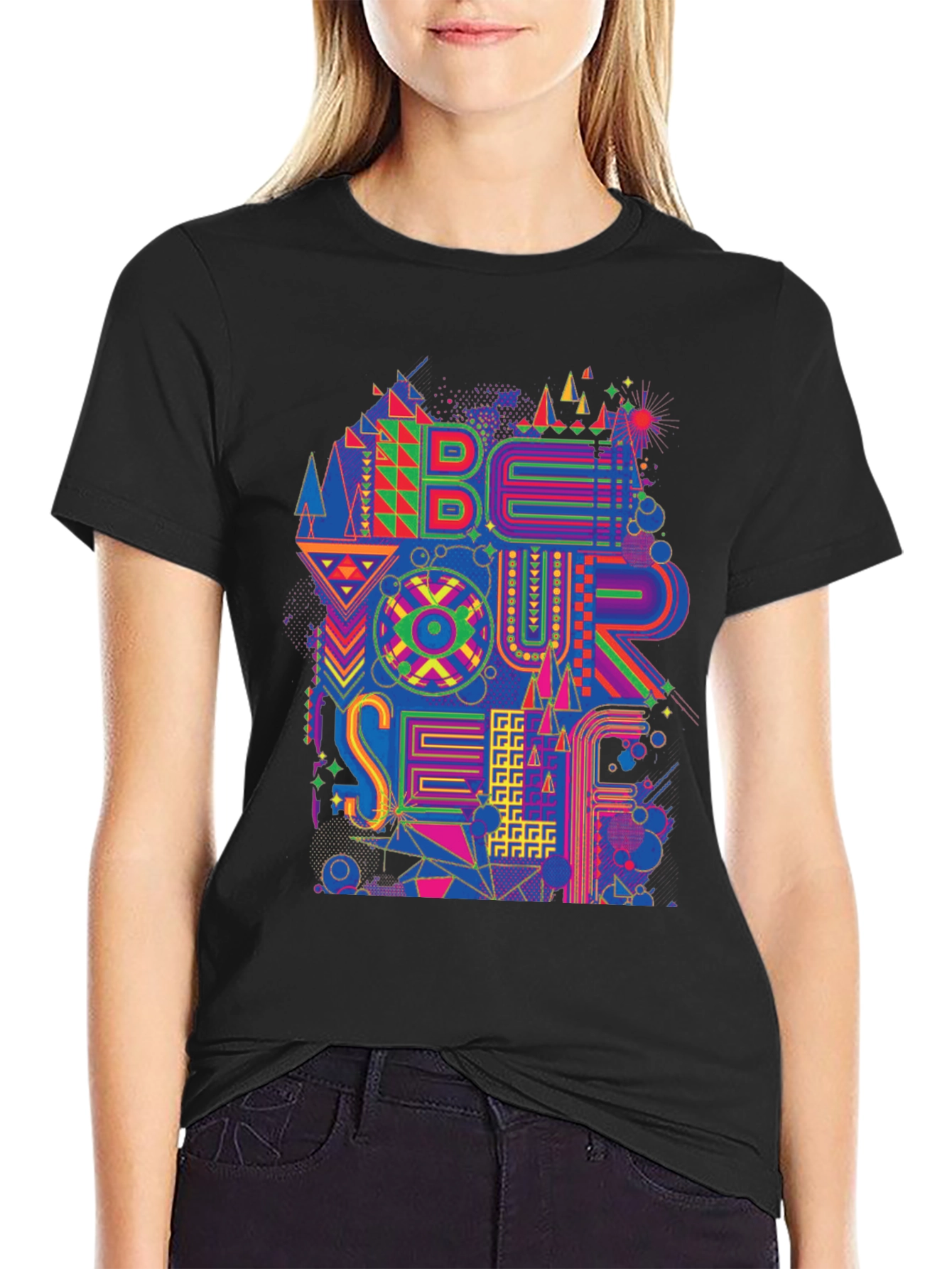 Abstract Geometric Be Yourself Graphic Tee - Black