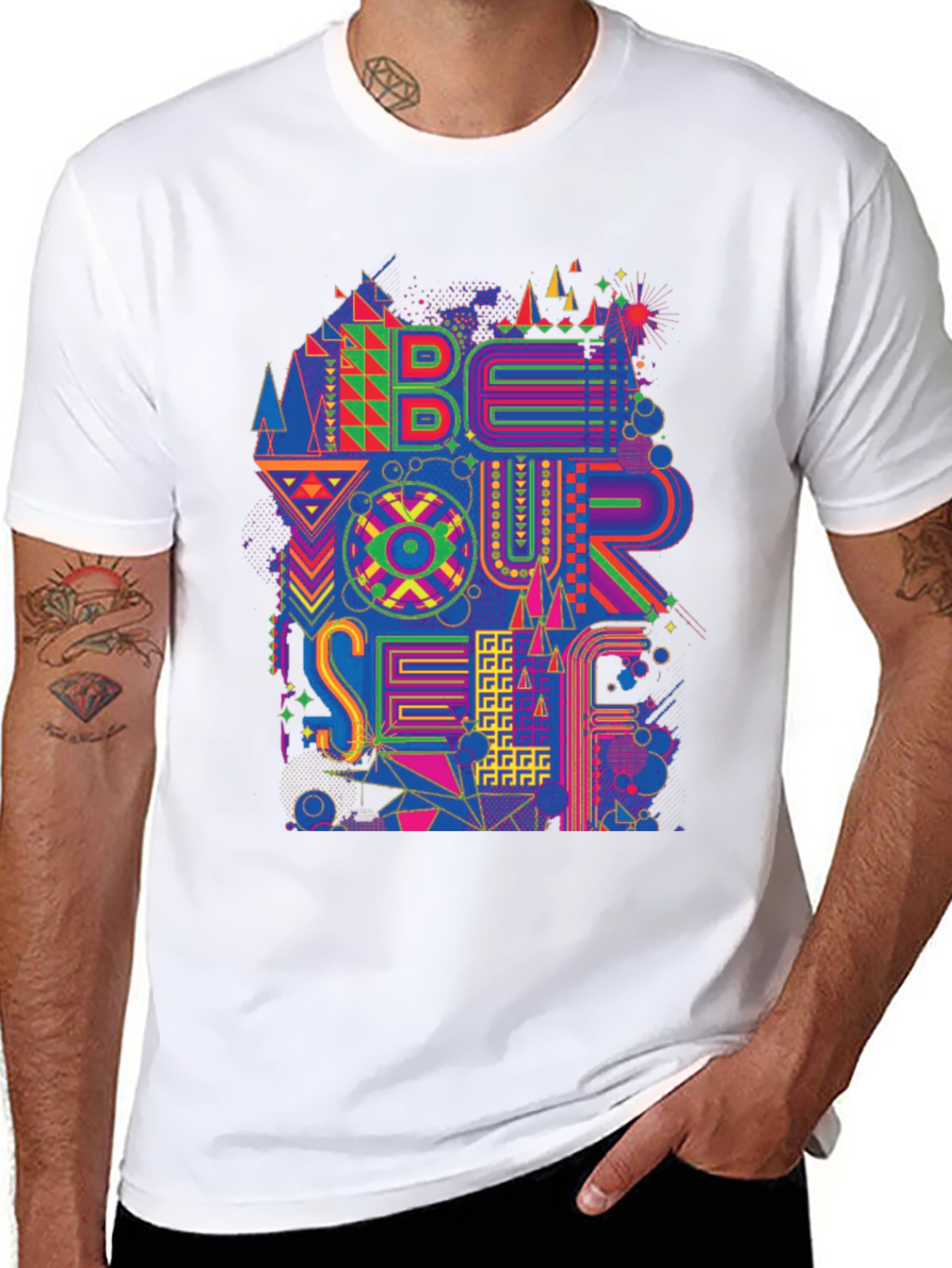 Abstract Geometric Be Yourself Graphic Tee - Black