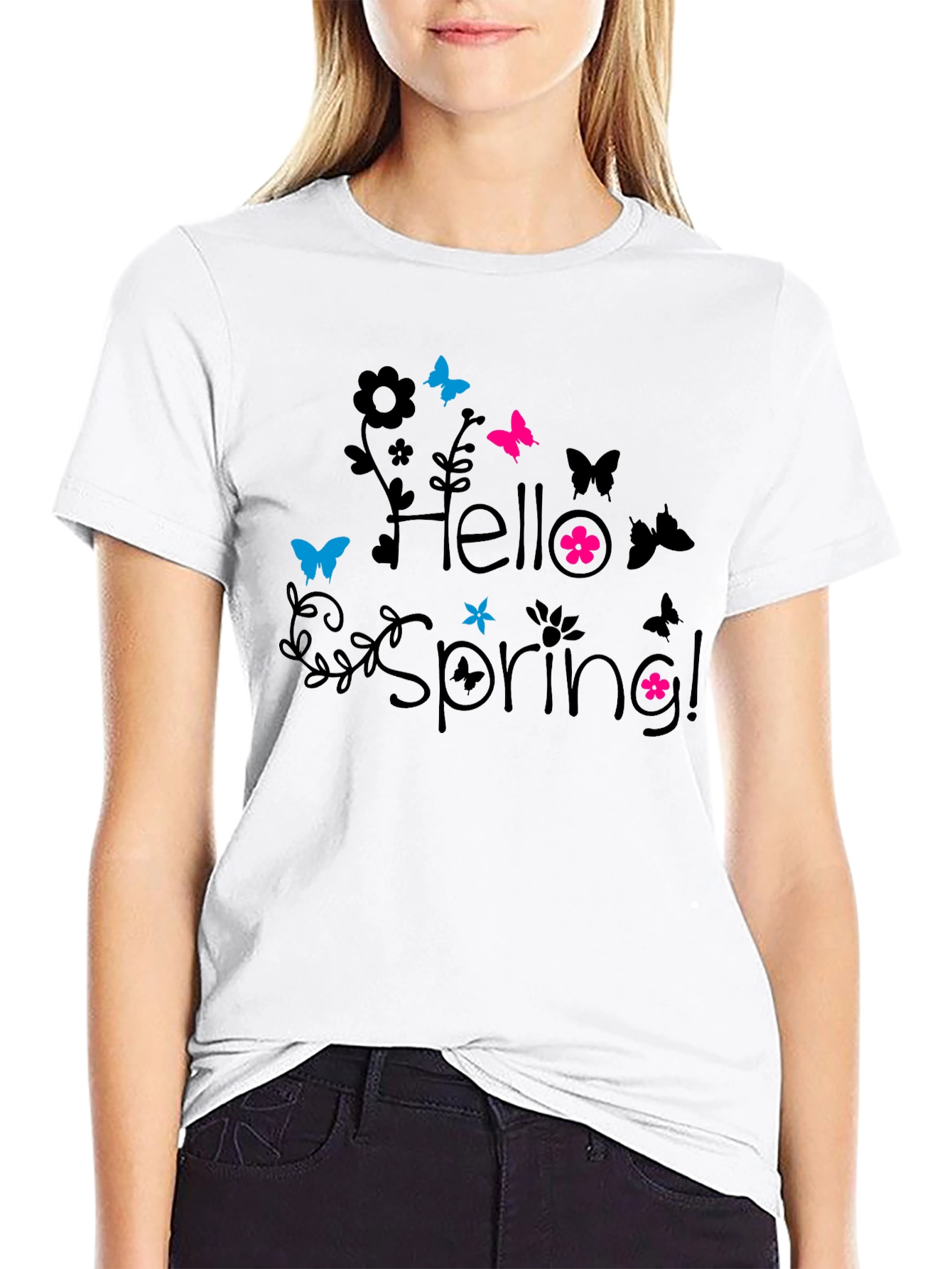 Hello Spring! Black Graphic T-Shirt