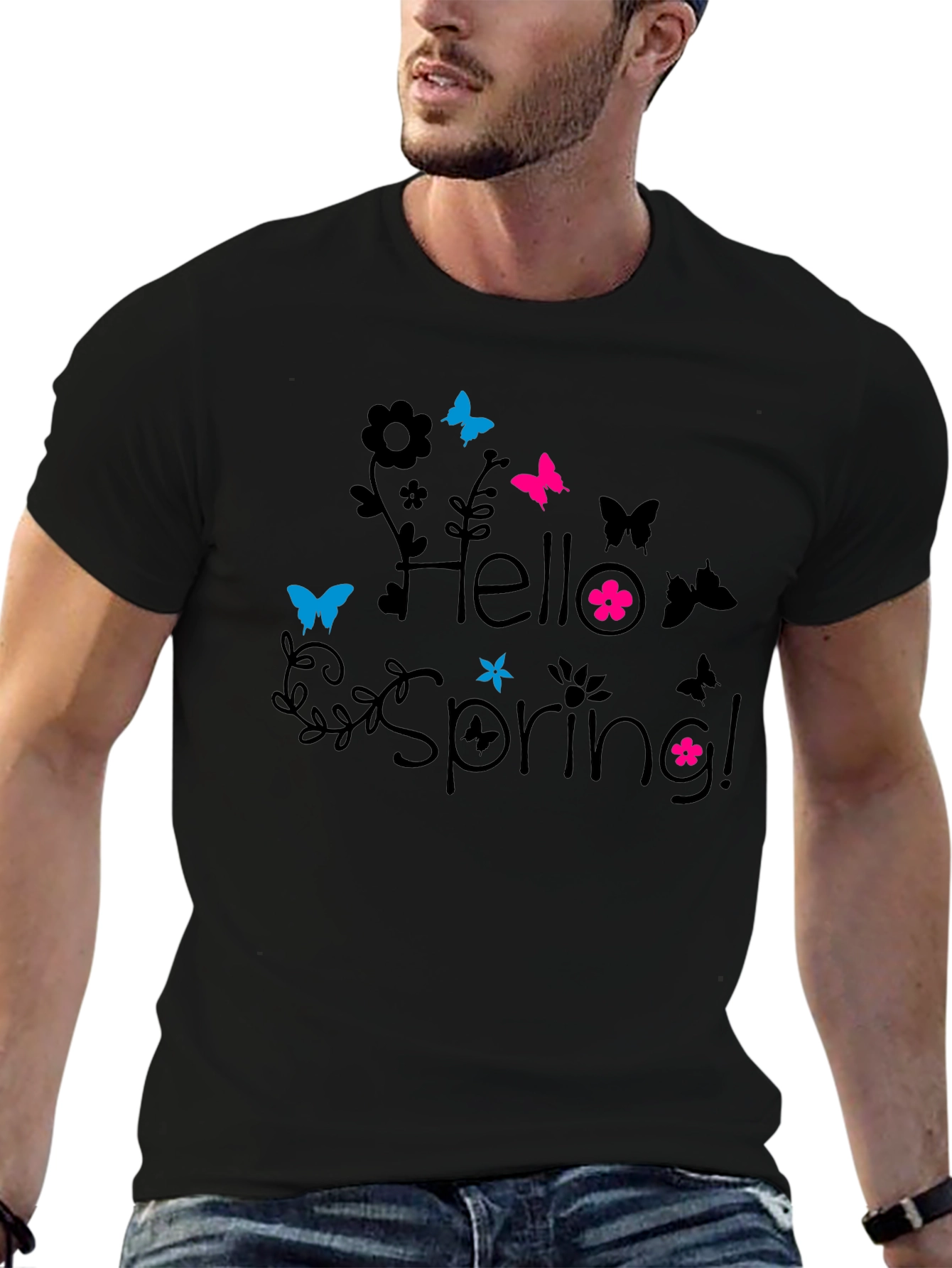 Hello Spring! Black Graphic T-Shirt