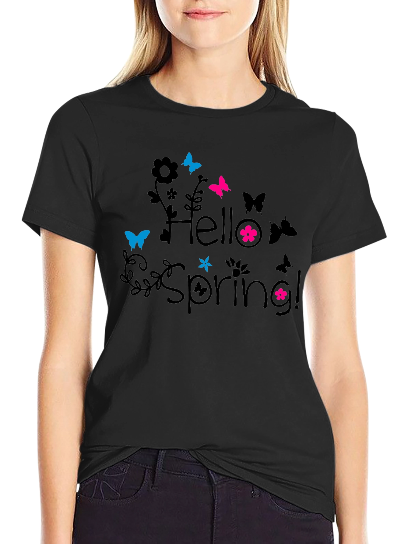 Hello Spring! Black Graphic T-Shirt
