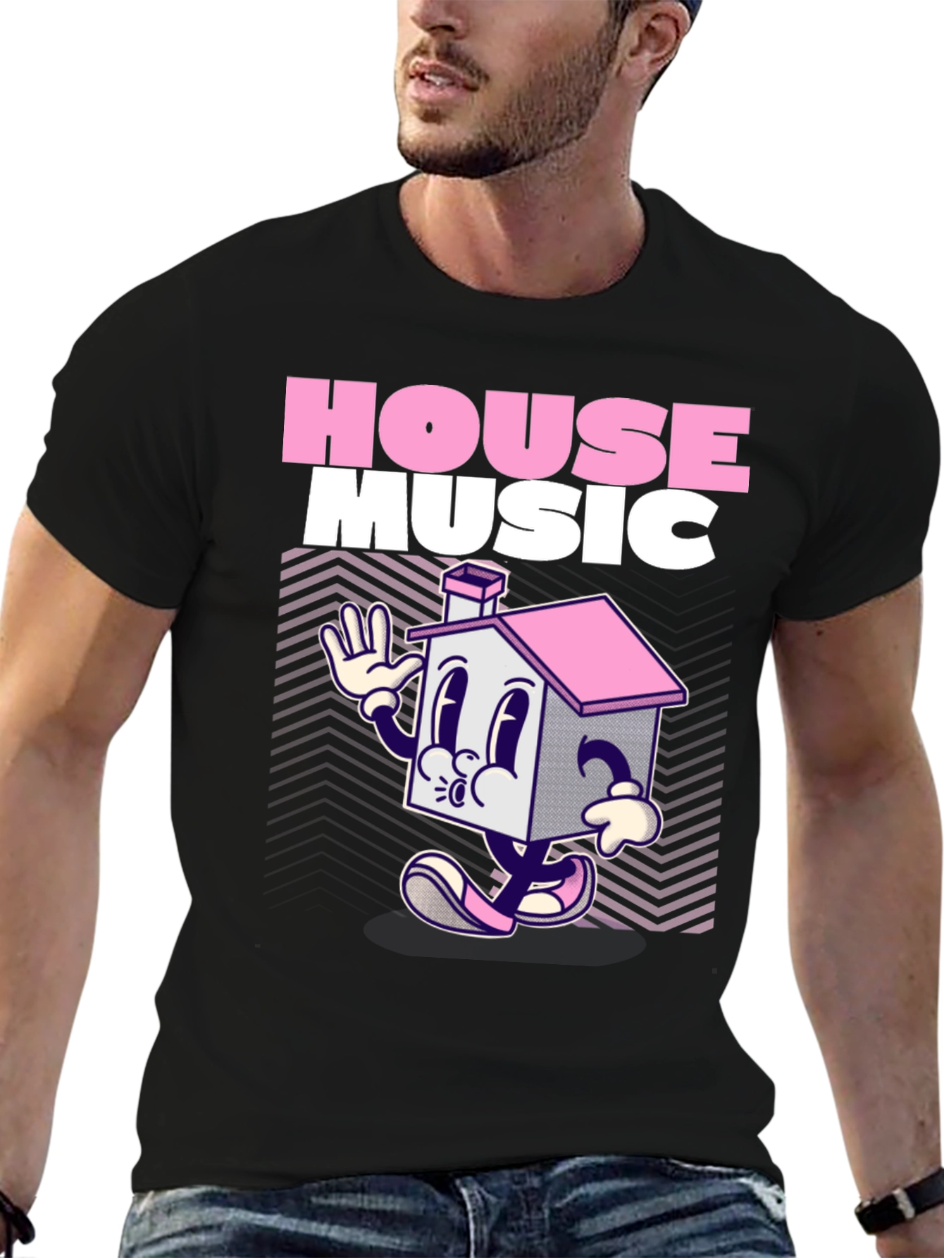 House Music Cartoon Graphic Black T-Shirt