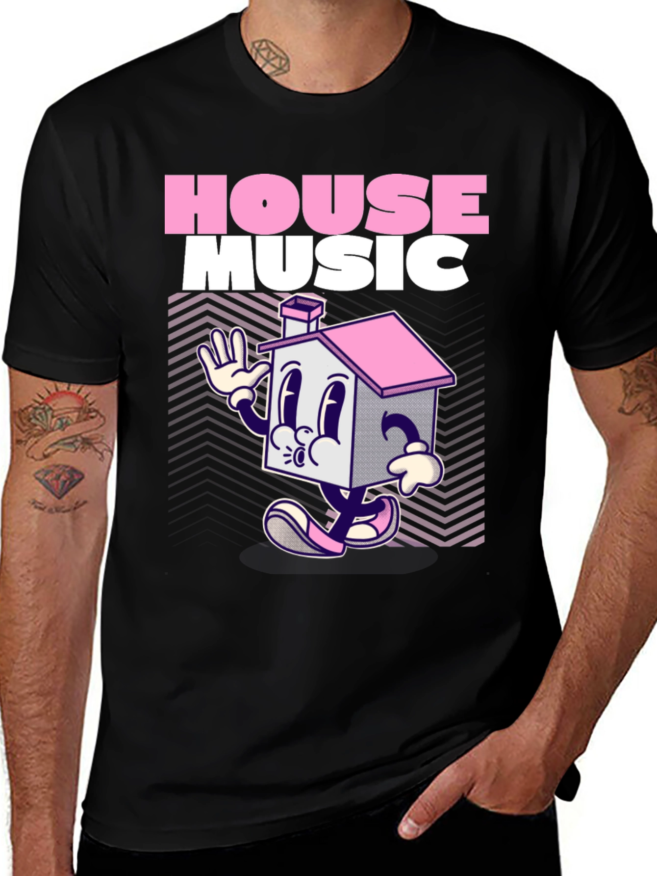 House Music Cartoon Graphic Black T-Shirt