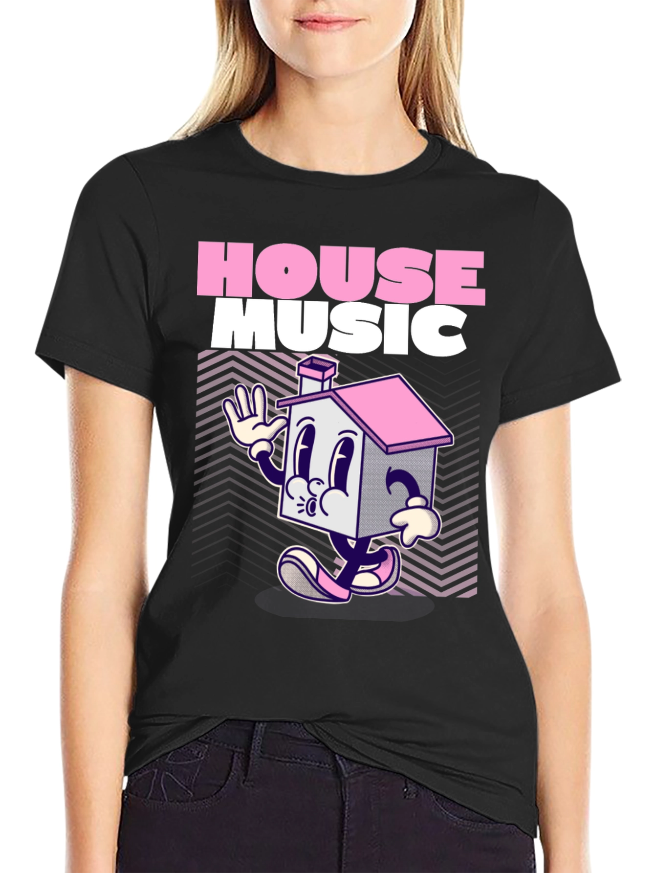 House Music Cartoon Graphic Black T-Shirt