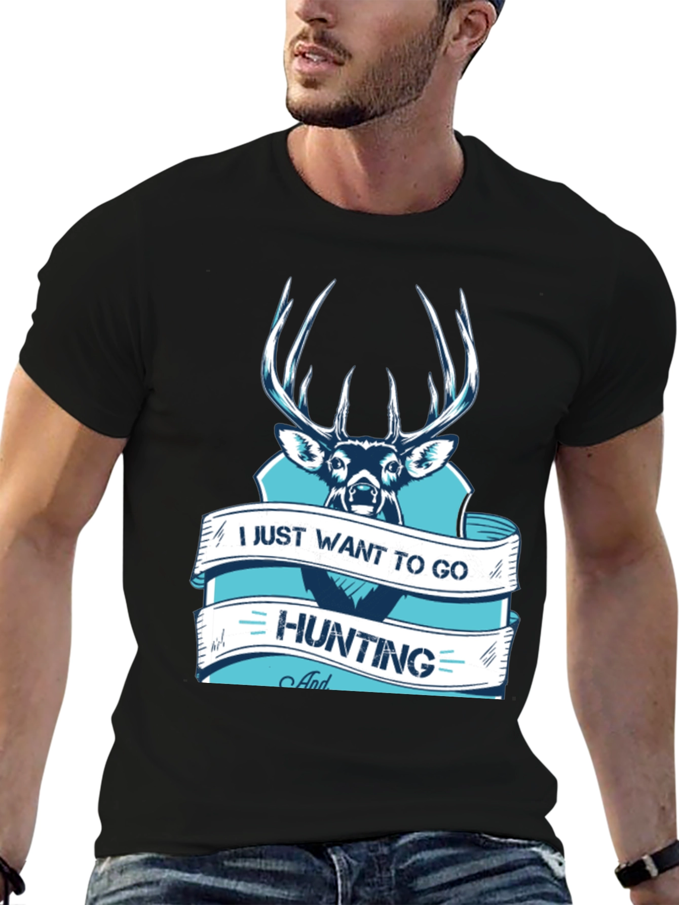 Hunting T-Shirt Deer Graphic Black Cotton