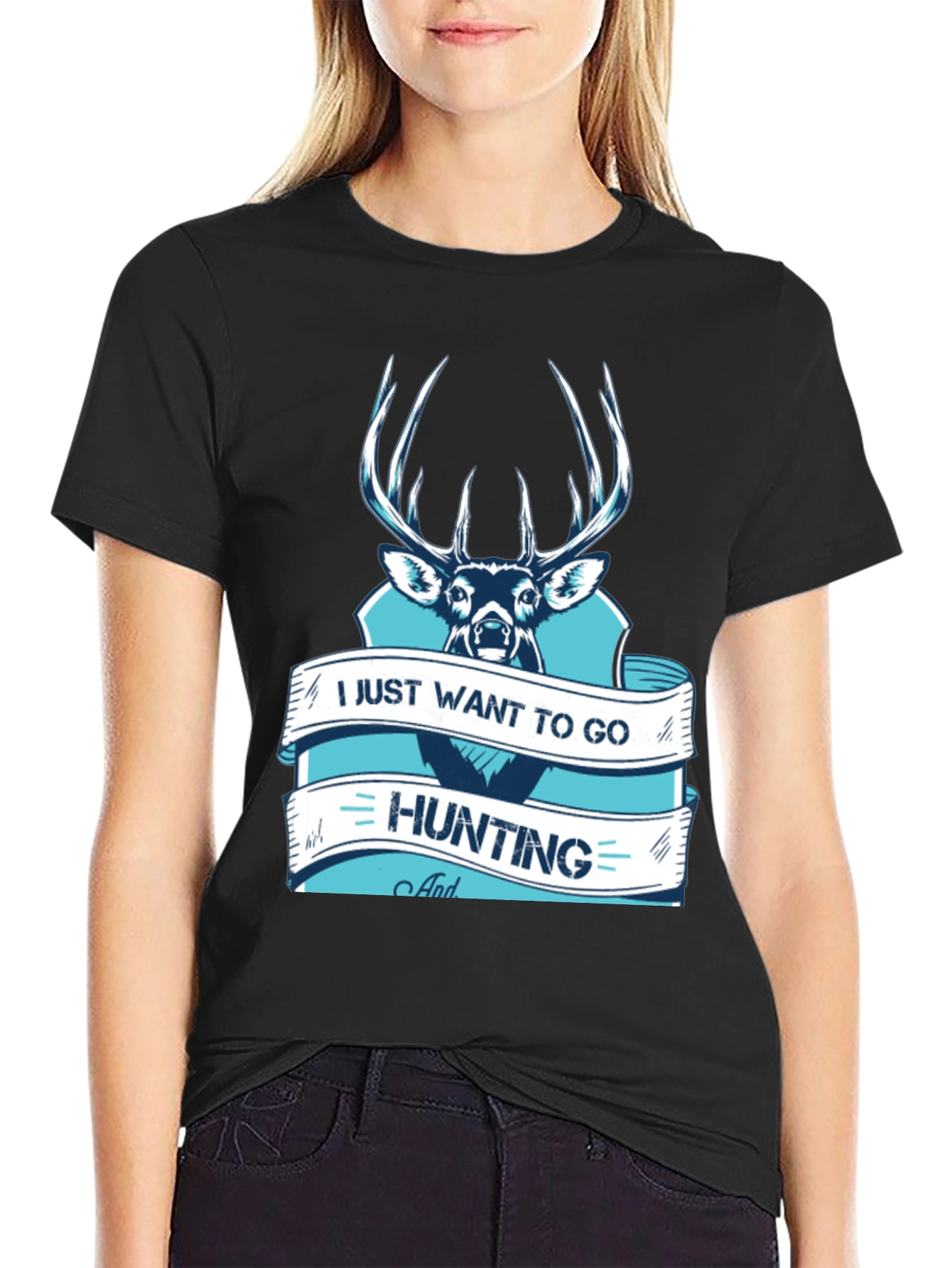 Hunting T-Shirt Deer Graphic Black Cotton