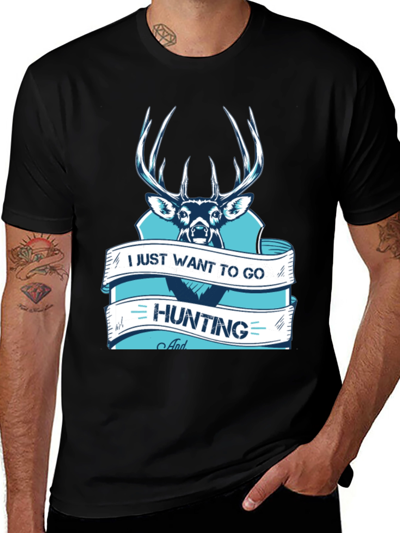 Hunting T-Shirt Deer Graphic Black Cotton