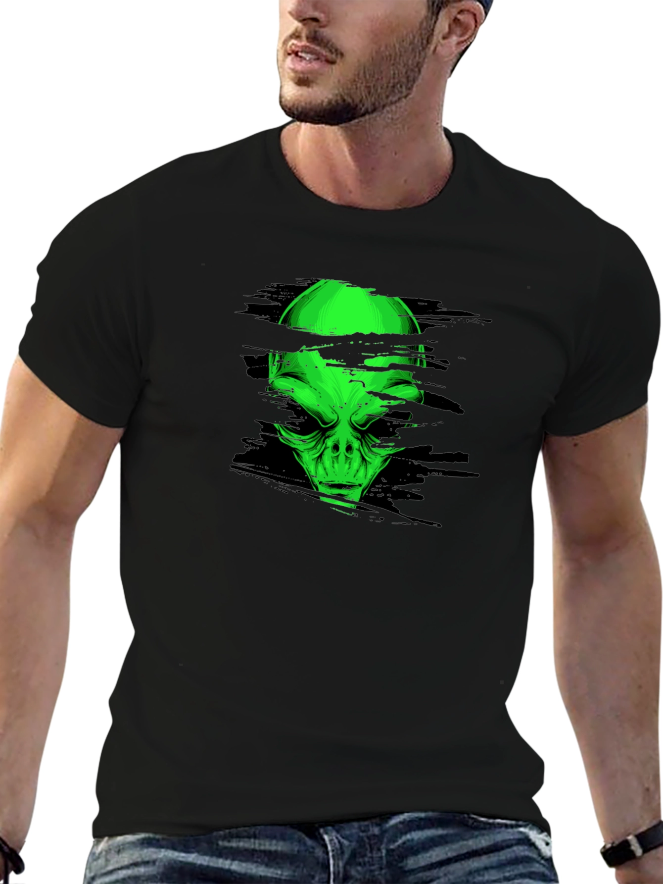 Alien Head Graphic Tee - Black Cotton T-Shirt