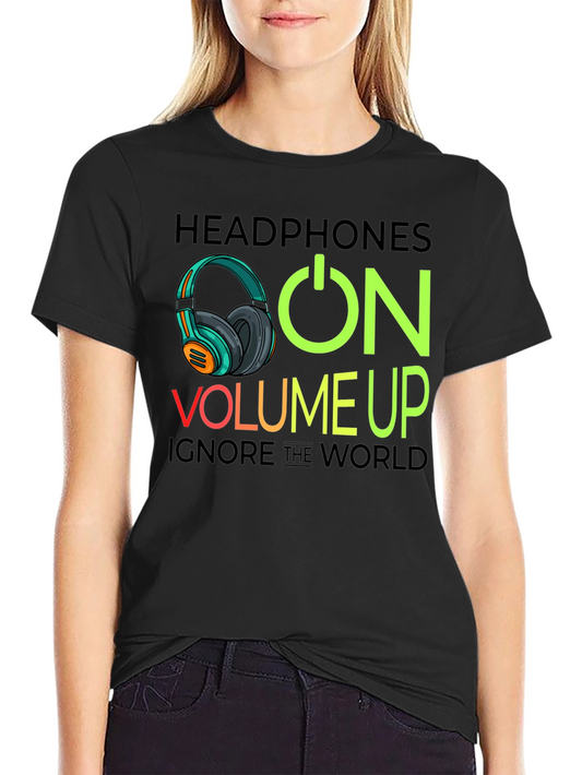 Headphones On Volume Up Black T-Shirt