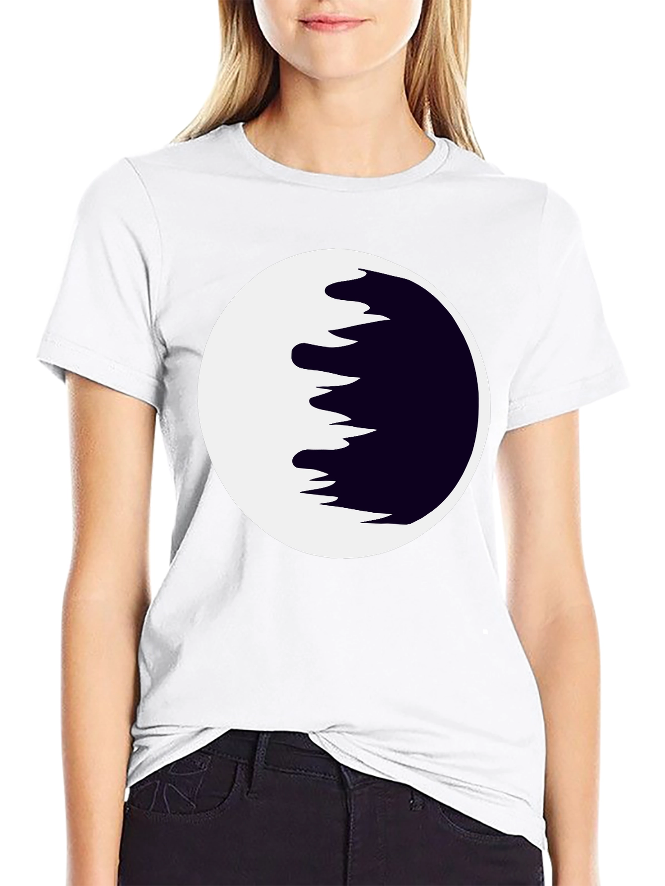 Abstract Moon Graphic Tee - Black Cotton Casual Shirt