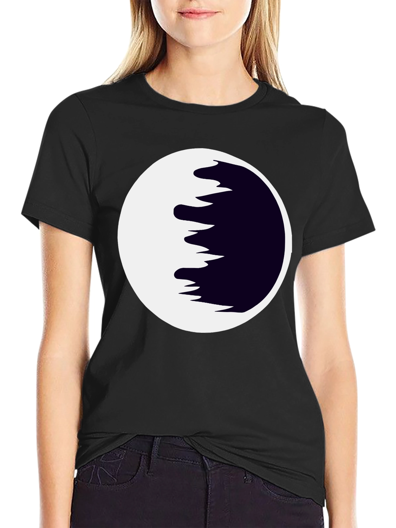 Abstract Moon Graphic Tee - Black Cotton Casual Shirt