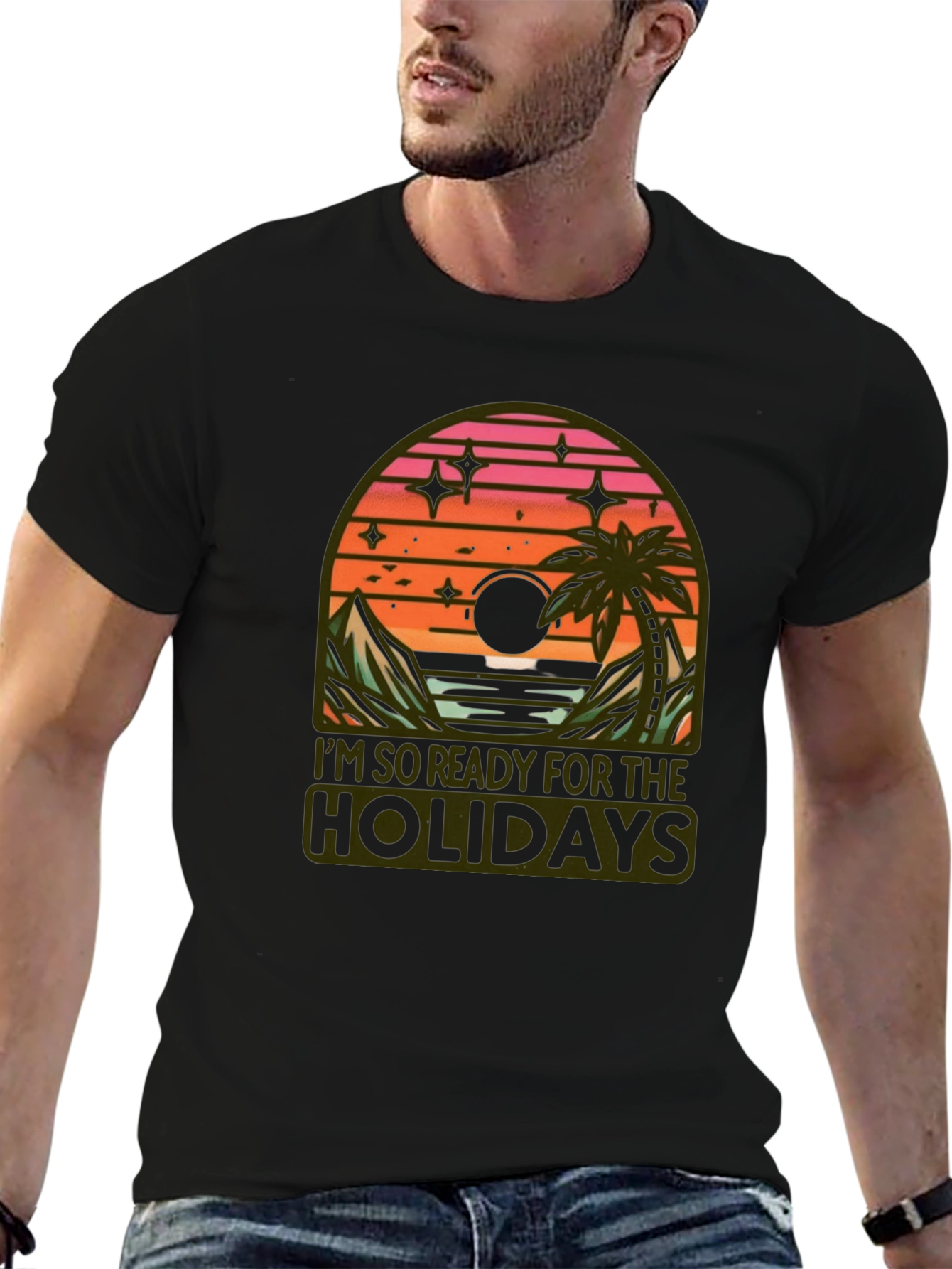 Holiday Ready Black T-Shirt with Sunset Graphic