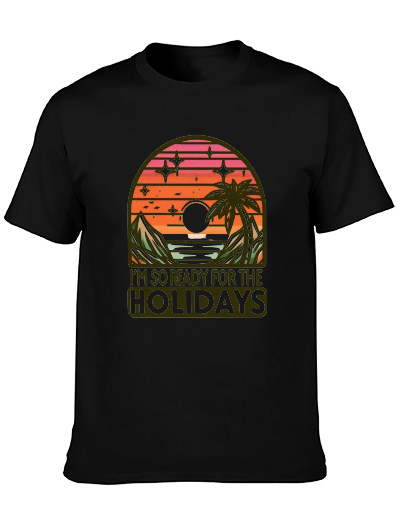 Holiday Ready Black T-Shirt with Sunset Graphic