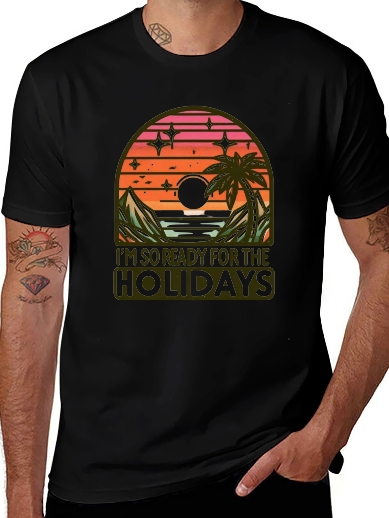 Holiday Ready Black T-Shirt with Sunset Graphic