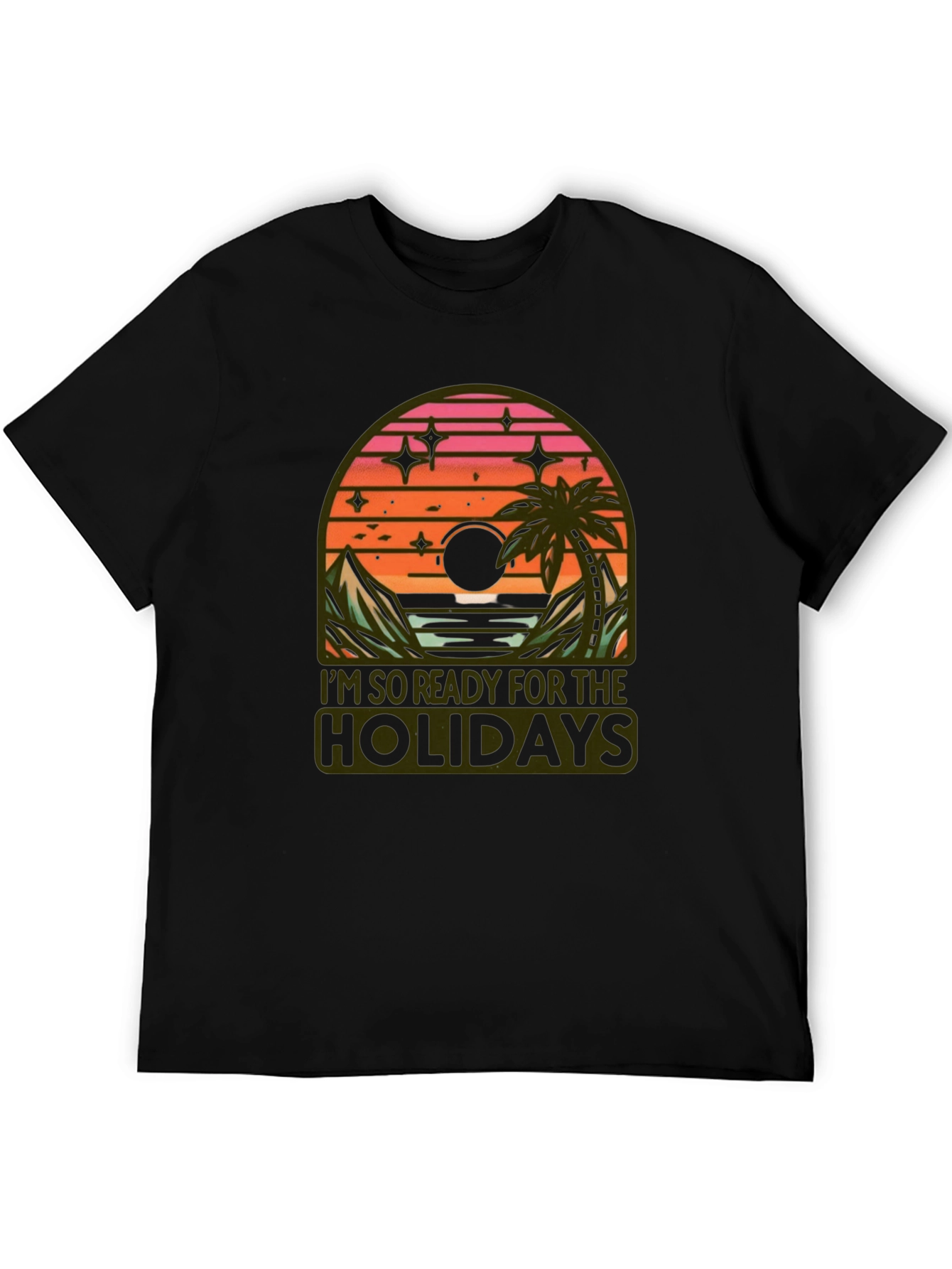 Holiday Ready Black T-Shirt with Sunset Graphic