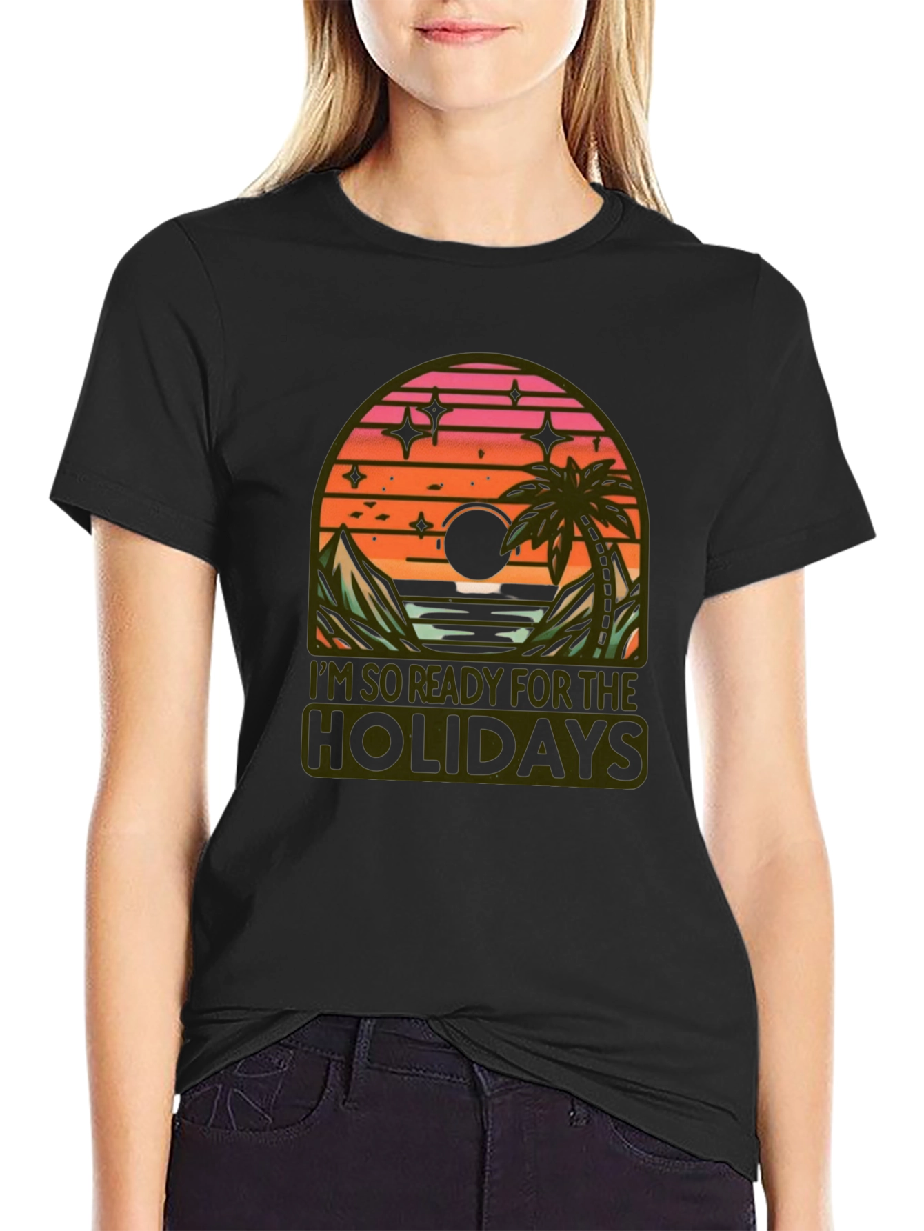 Holiday Ready Black T-Shirt with Sunset Graphic