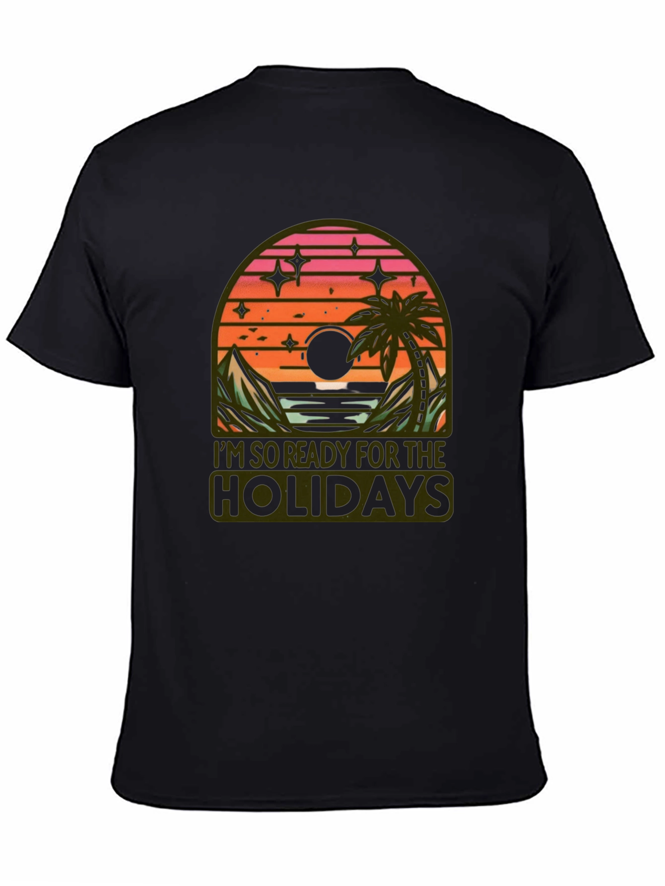 Holiday Ready Black T-Shirt with Sunset Graphic