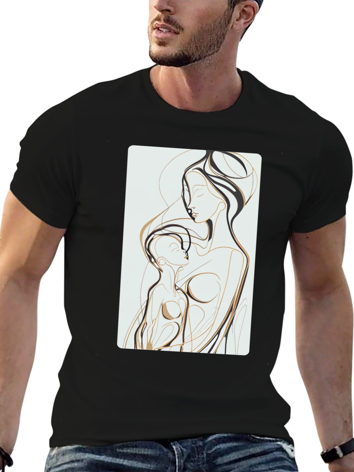 Abstract Mother Child Art Tee - Black Cotton