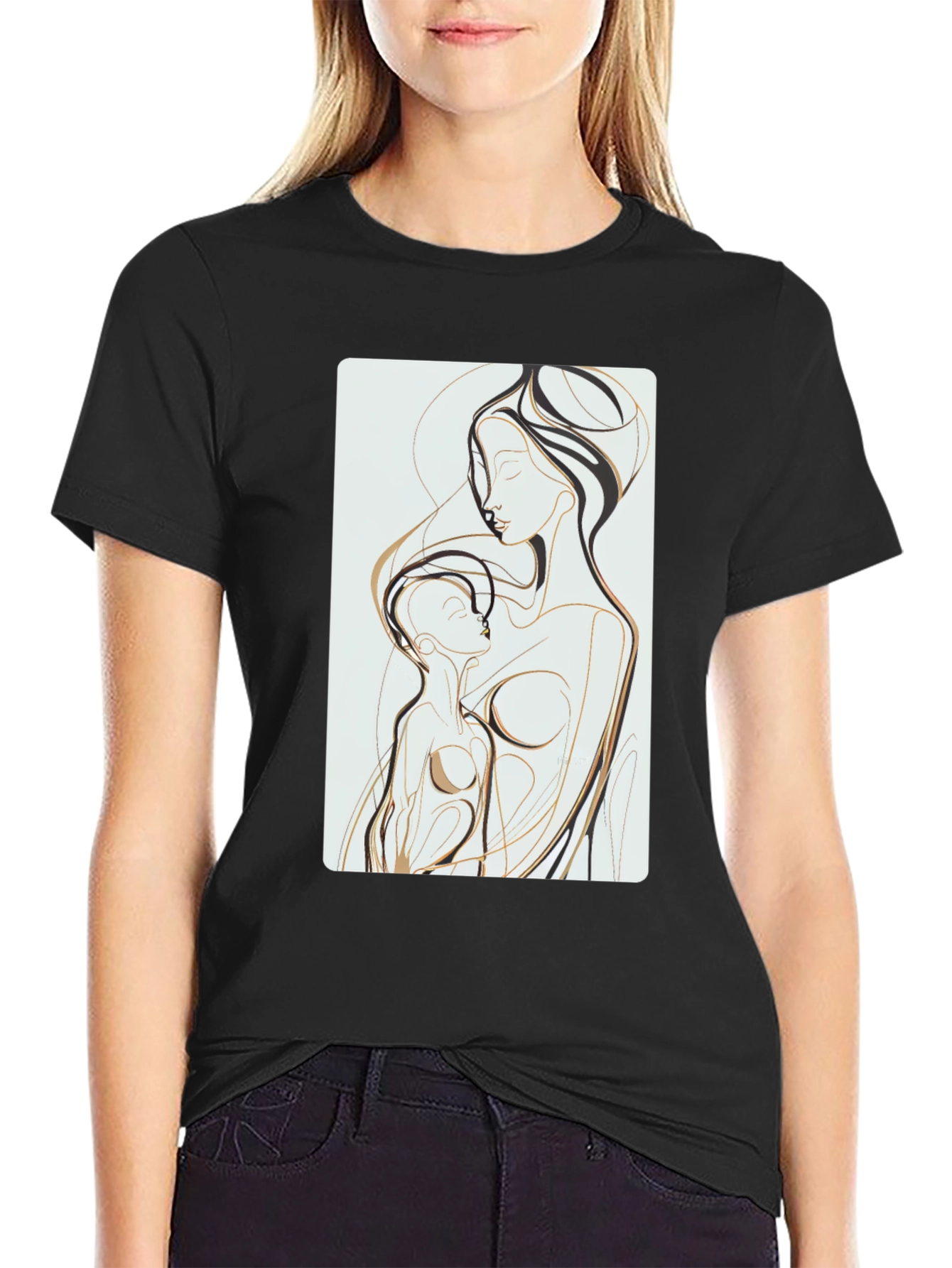 Abstract Mother Child Art Tee - Black Cotton