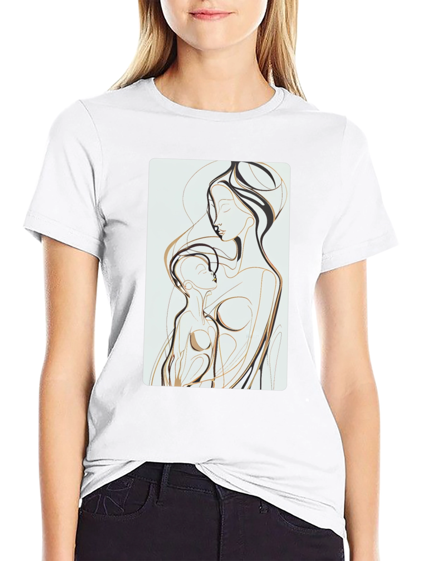 Abstract Mother Child Art Tee - Black Cotton