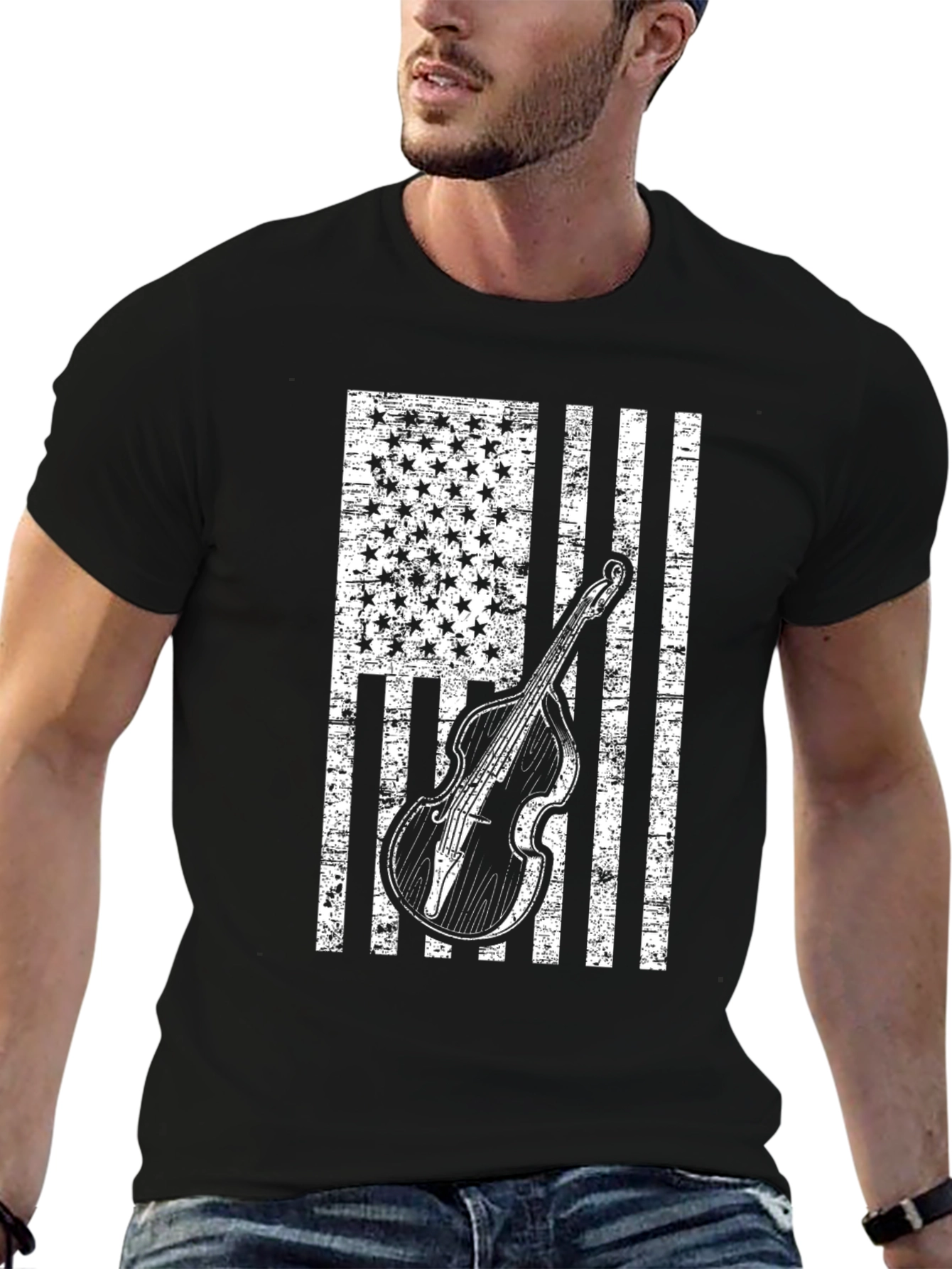 Americana Bass Guitar Distressed Flag T-Shirt