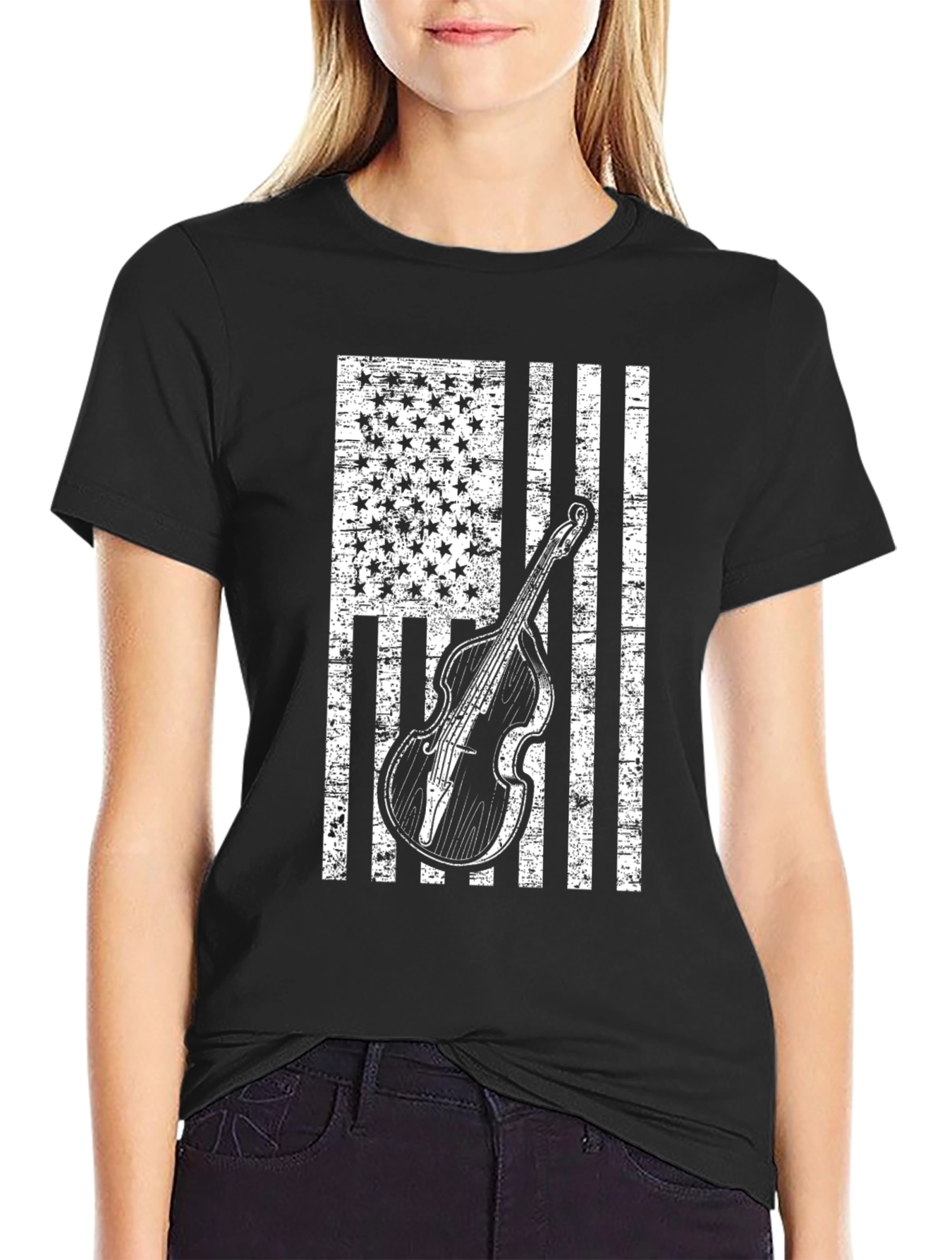 Americana Bass Guitar Distressed Flag T-Shirt