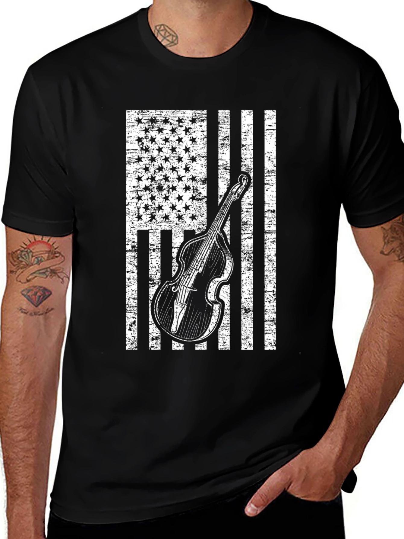 Americana Bass Guitar Distressed Flag T-Shirt