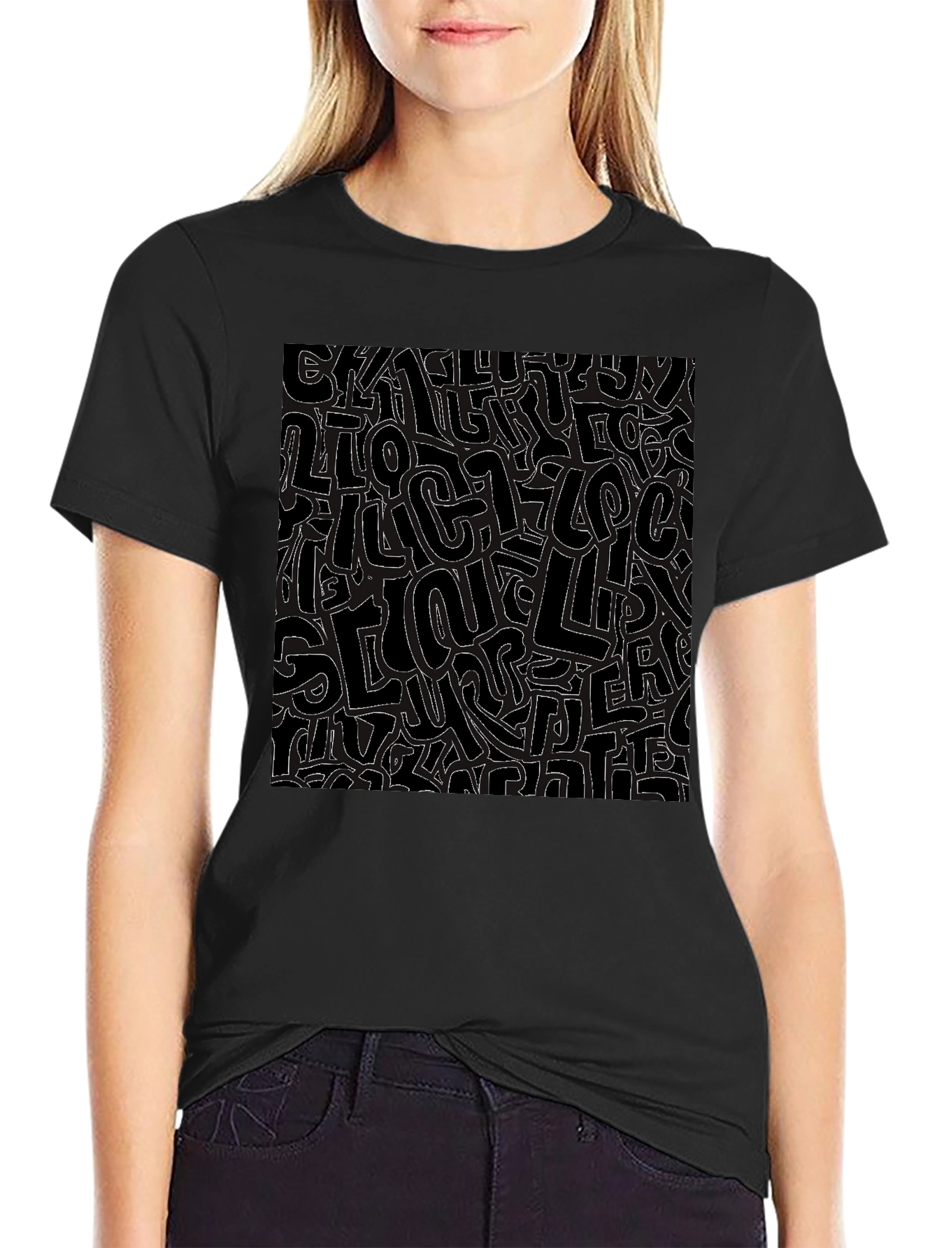 Abstract Letter Print Black Crew Neck T-Shirt