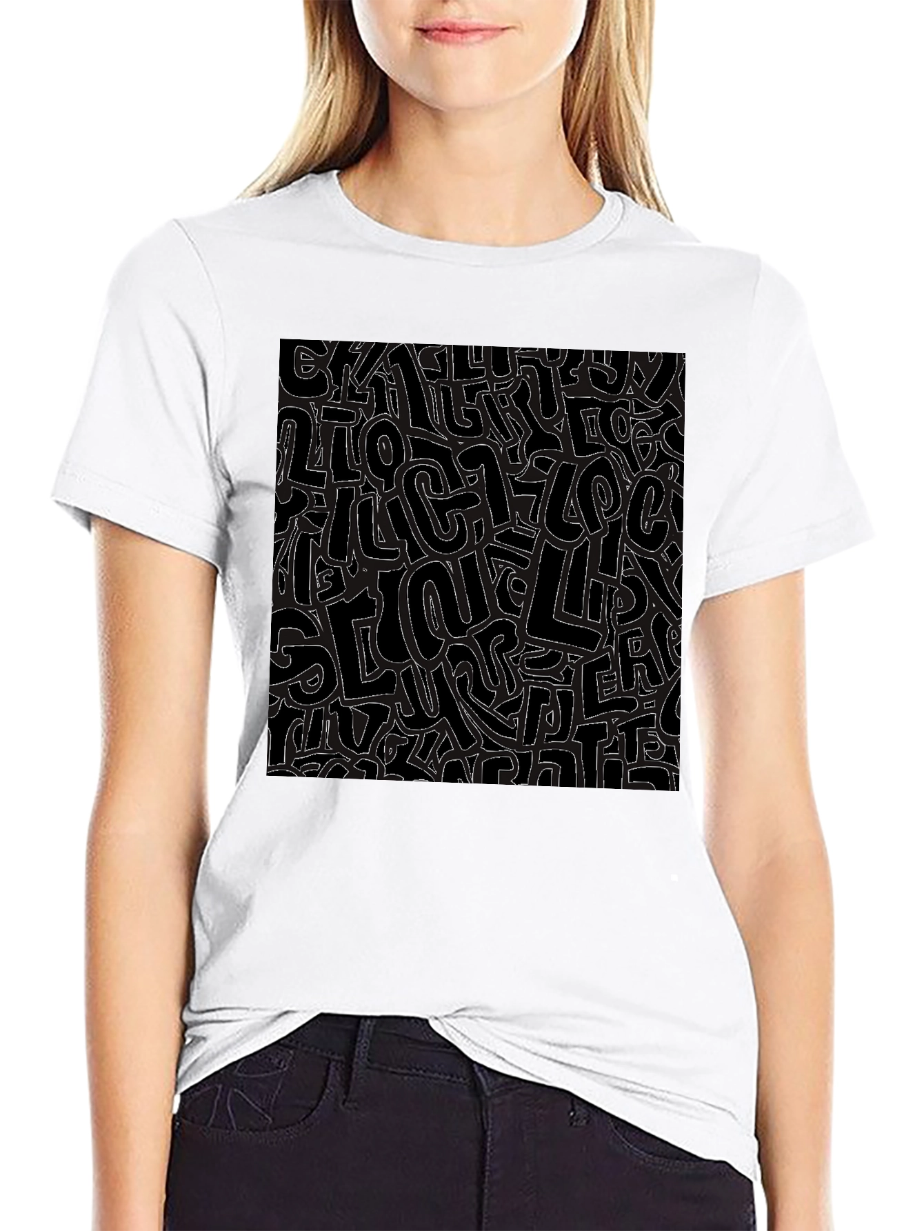 Abstract Letter Print Black Crew Neck T-Shirt