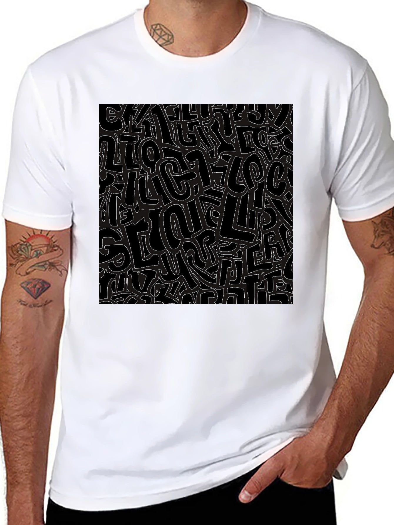Abstract Letter Print Black Crew Neck T-Shirt