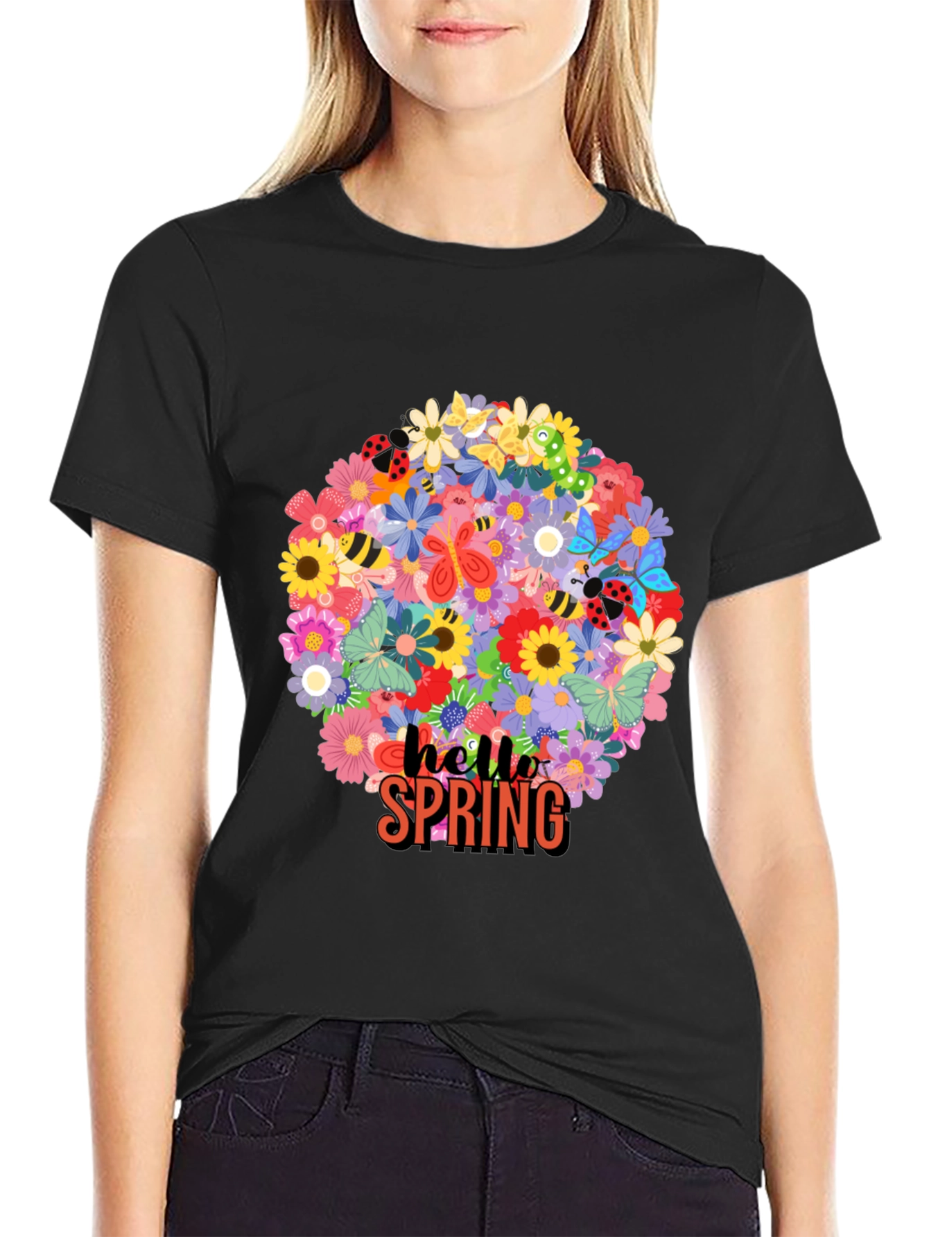 Hello Spring Floral Graphic Tee - Black