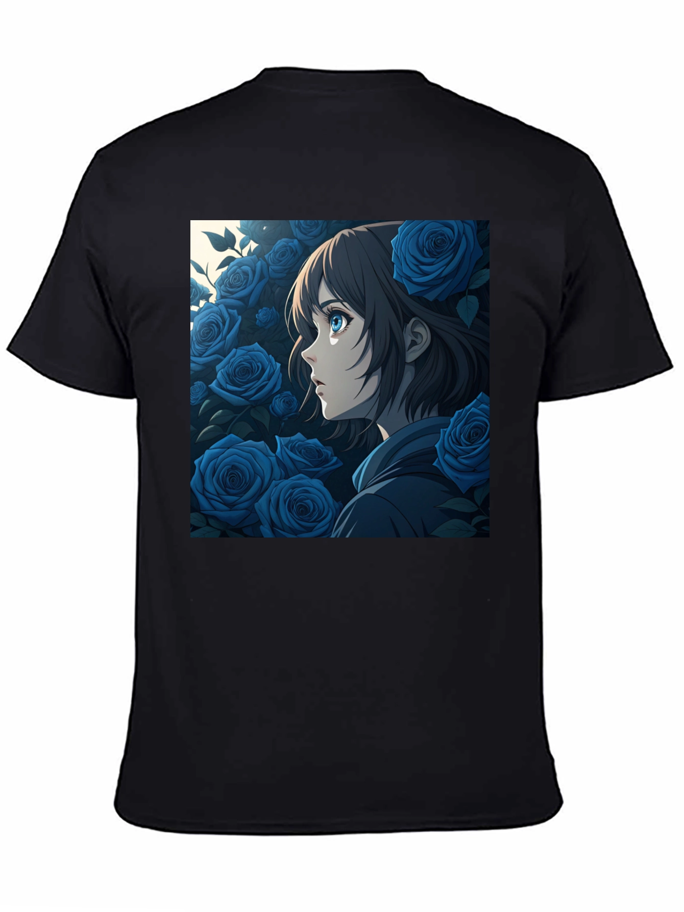 Anime Girl Blue Roses Graphic Black T-Shirt