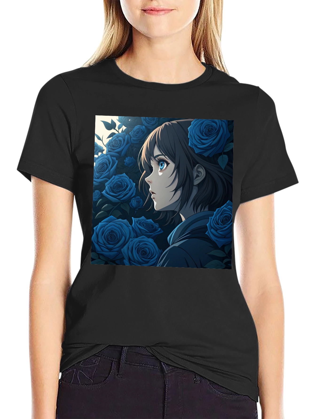 Anime Girl Blue Roses Graphic Black T-Shirt