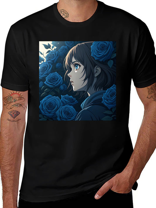 Anime Girl Blue Roses Graphic Black T-Shirt