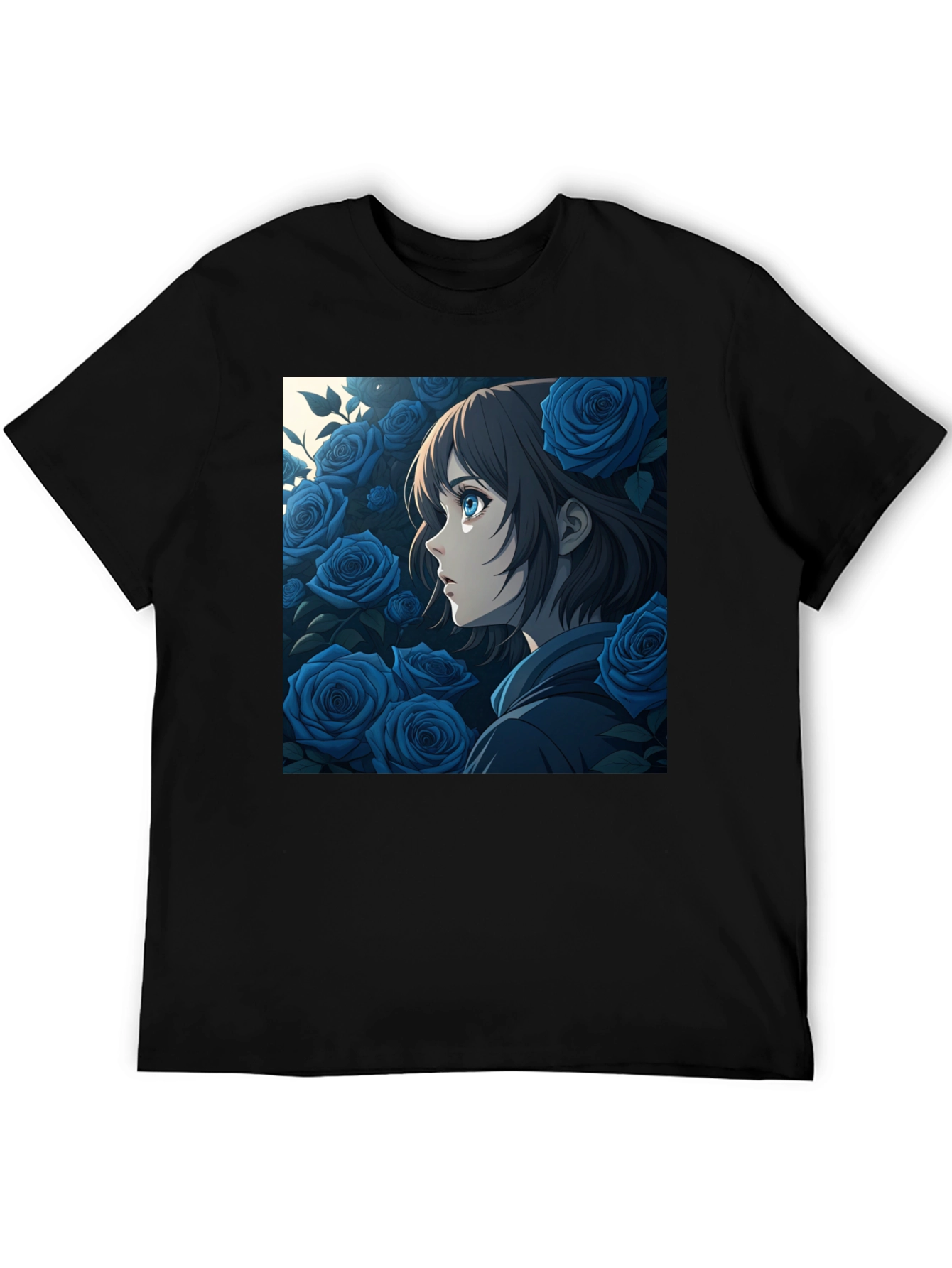 Anime Girl Blue Roses Graphic Black T-Shirt