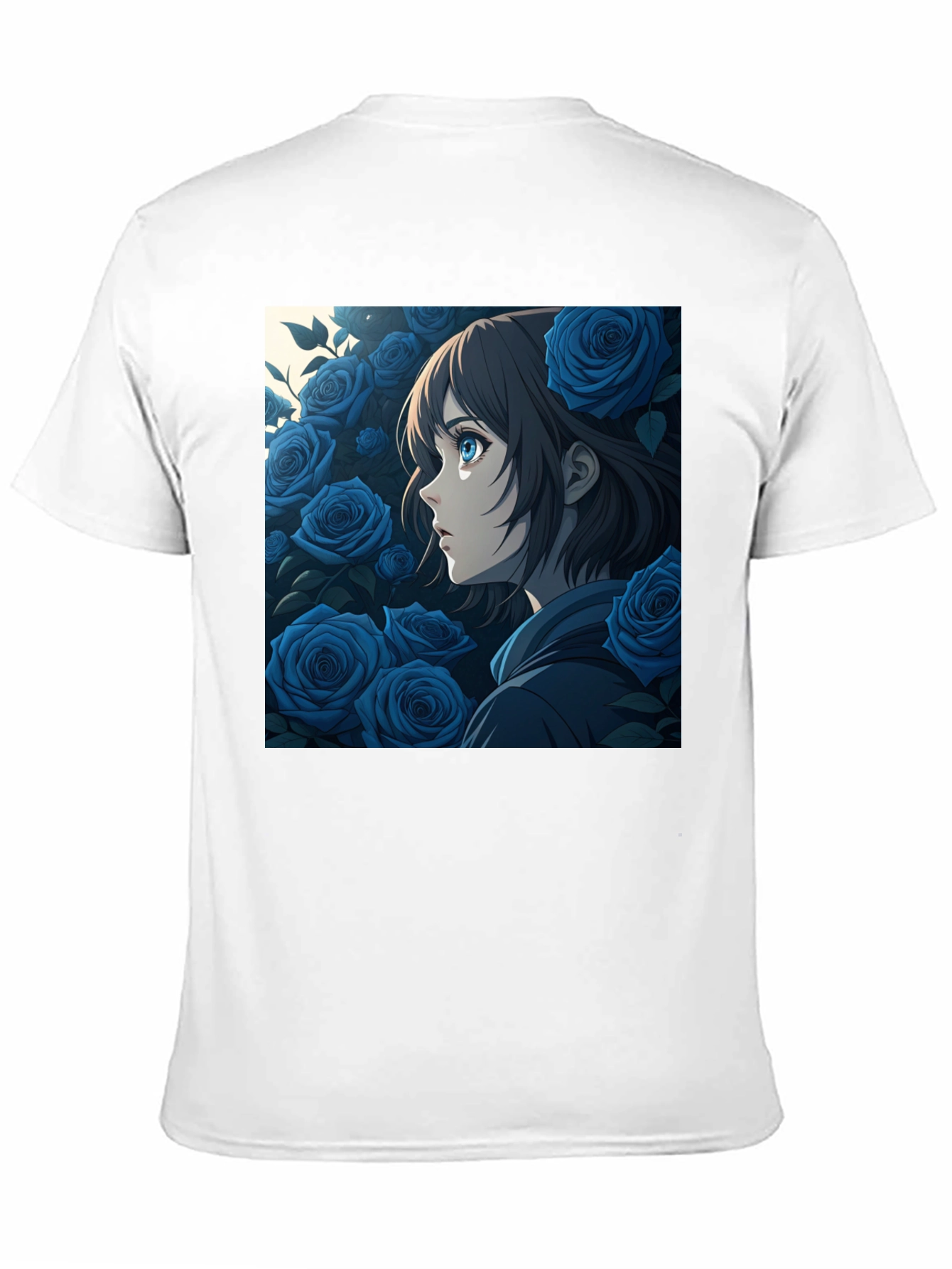 Anime Girl Blue Roses Graphic Black T-Shirt
